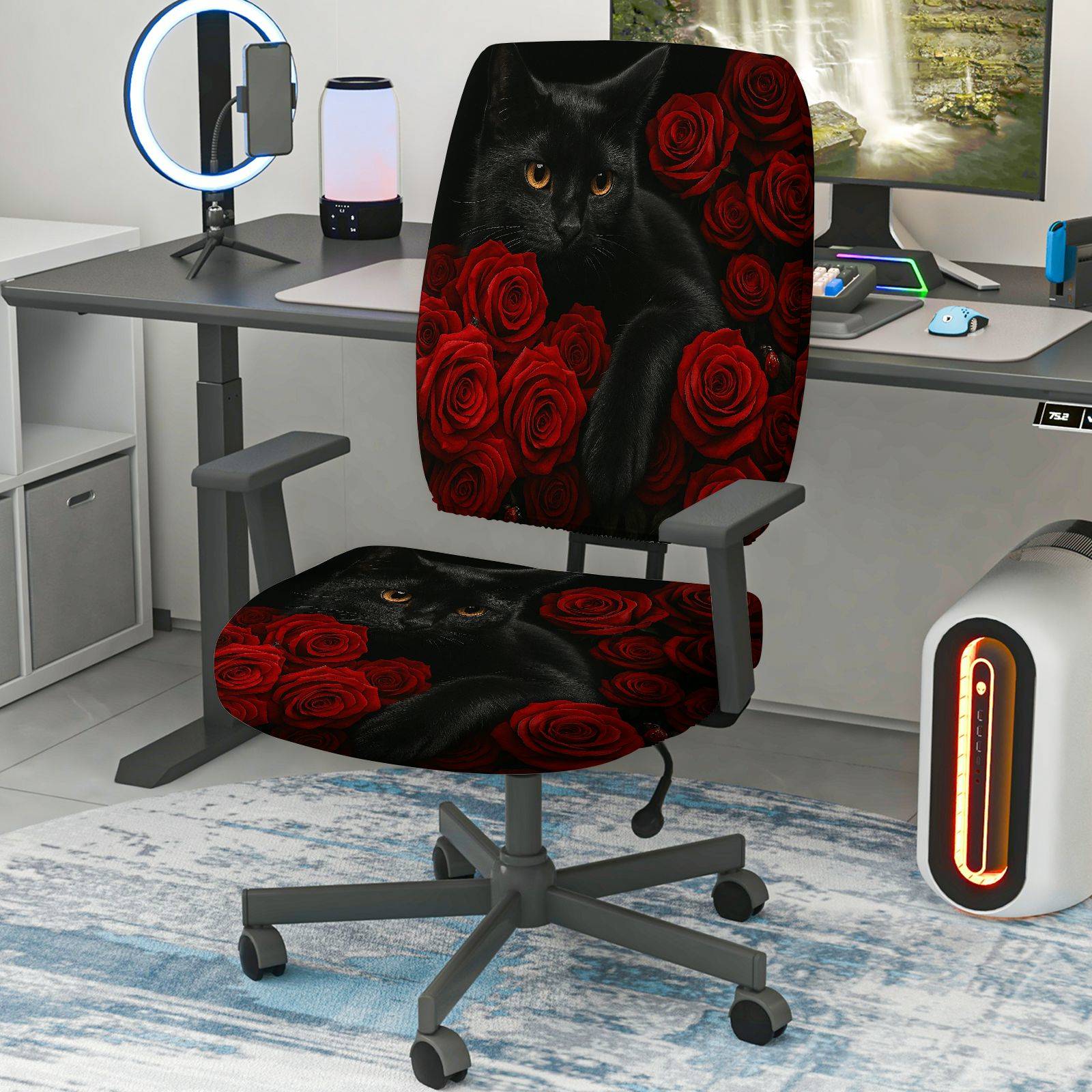 2-Piece Black Cat Rose Floral Gothic Halloween Valentine  Computer Chair Cover Set, Seat and Backrest