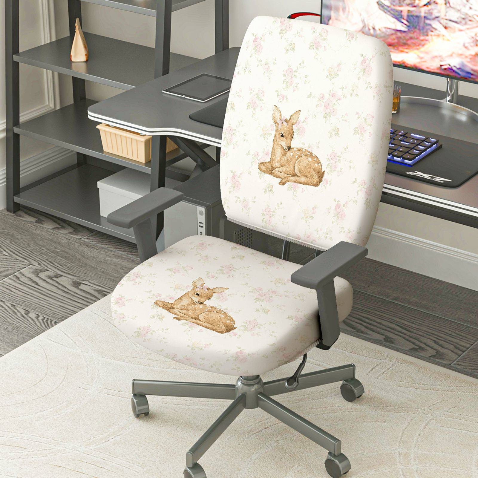 2-Piece Deer Floral Pastoral Cute Decorative  Computer Chair Cover Set, Seat and Backrest