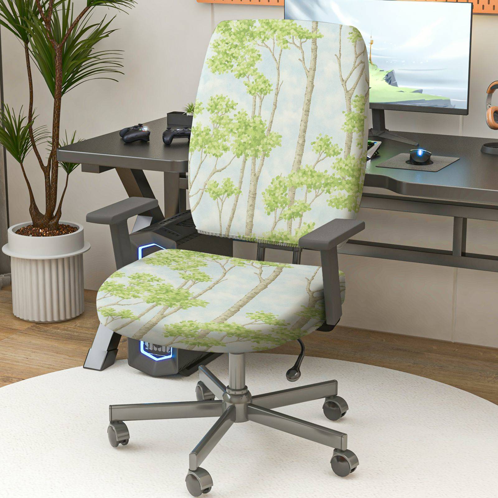 2-Piece Tree Sky Forest Green Nature  Computer Chair Cover Set, Seat and Backrest