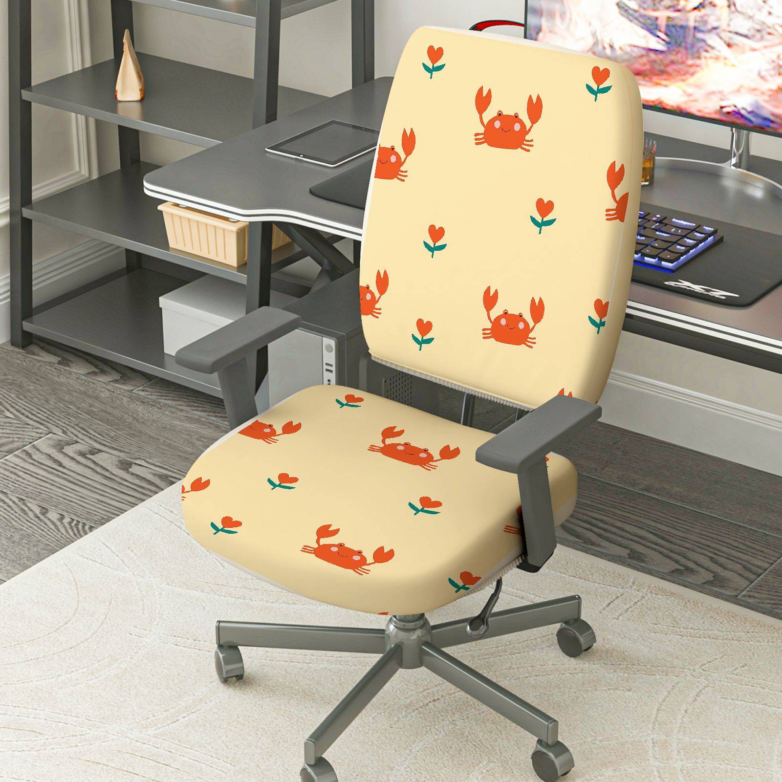 2-Piece Crab Flower Pattern Cute  Computer Chair Cover Set, Seat and Backrest