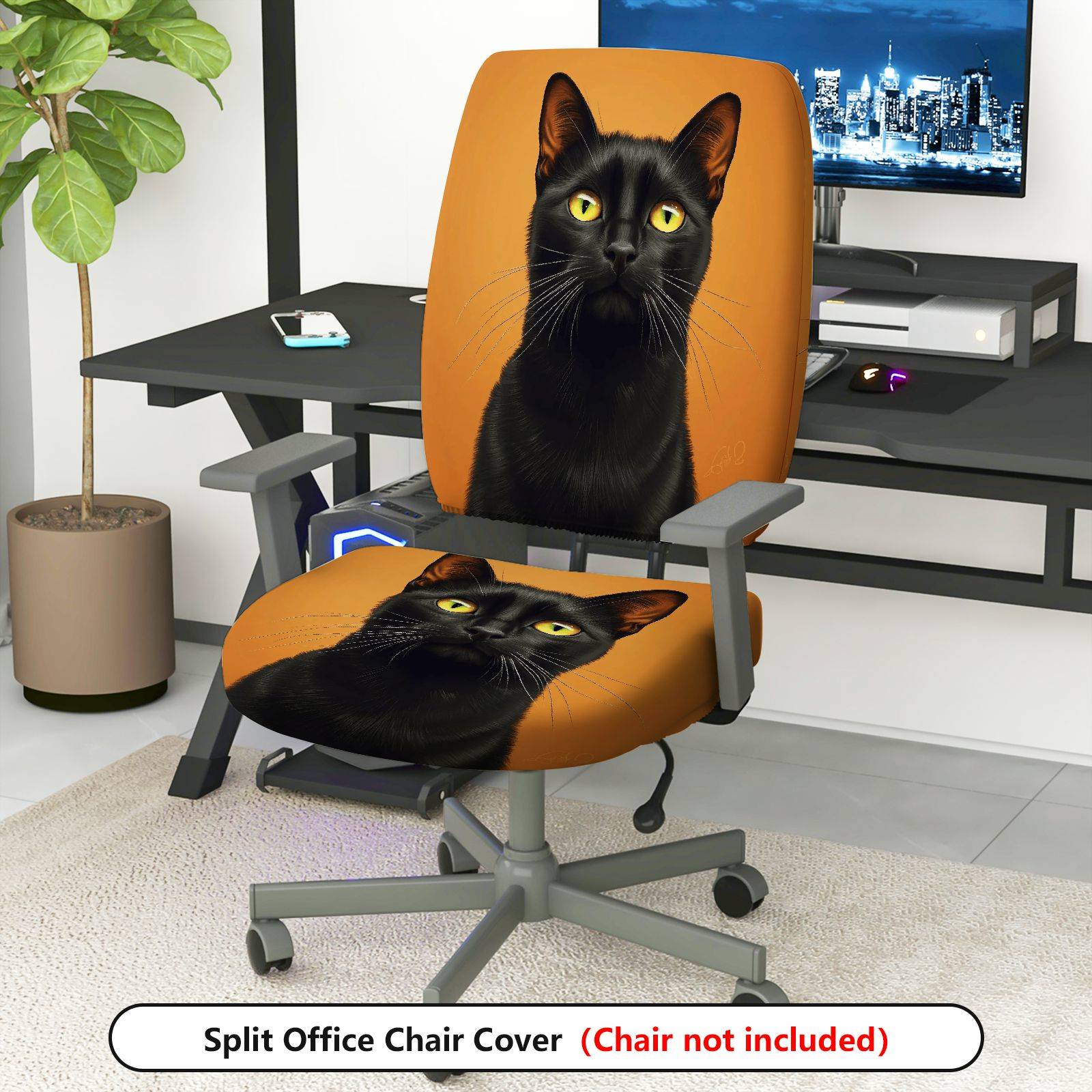 2-Piece Black cat animal portrait art stylish  Computer Chair Cover Set, Seat and Backrest