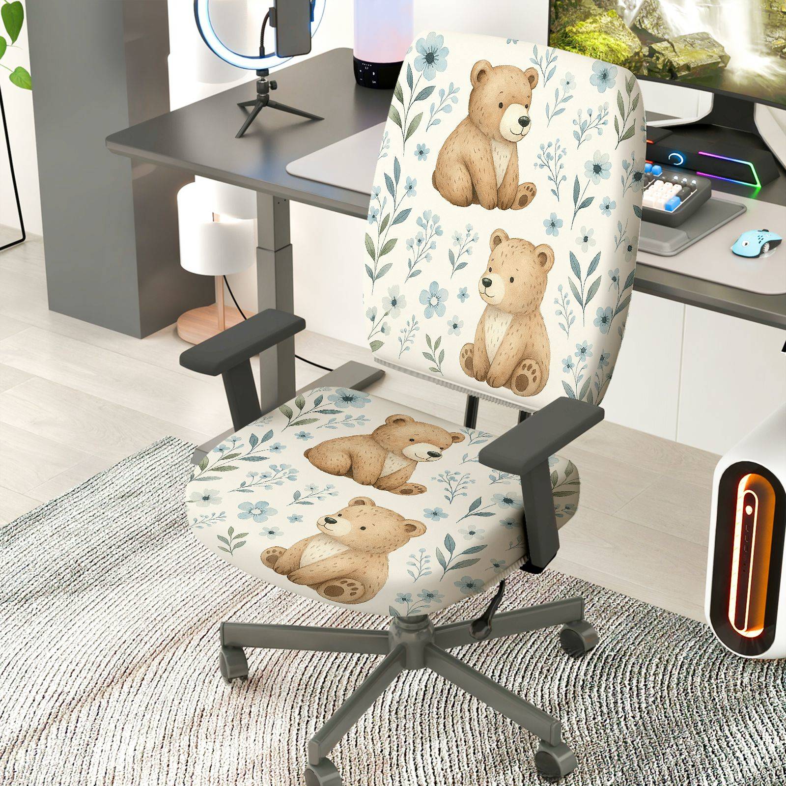 2-Piece Cute Bear Floral Nature Decorative  Computer Chair Cover Set, Seat and Backrest