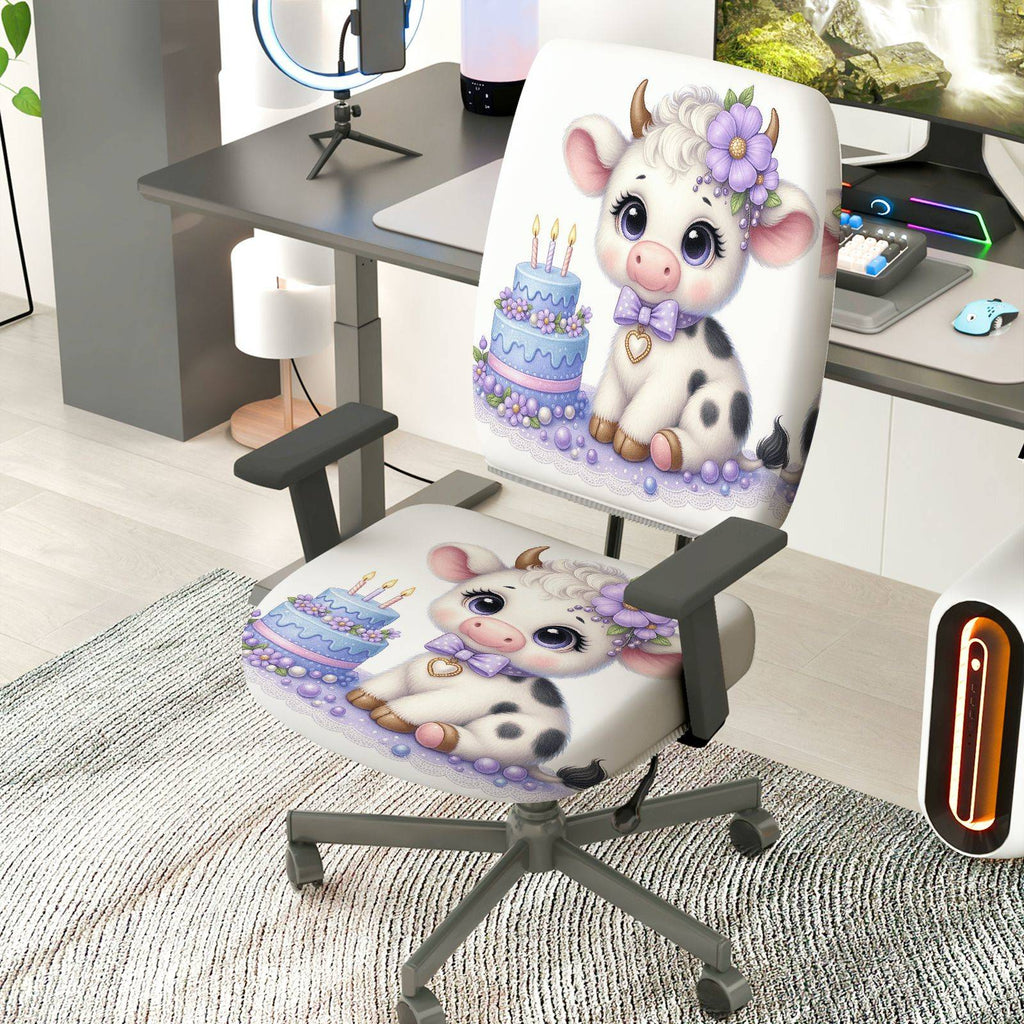 2-Piece Cow Birthday Celebration Cute Decorative  Computer Chair Cover Set, Seat and Backrest