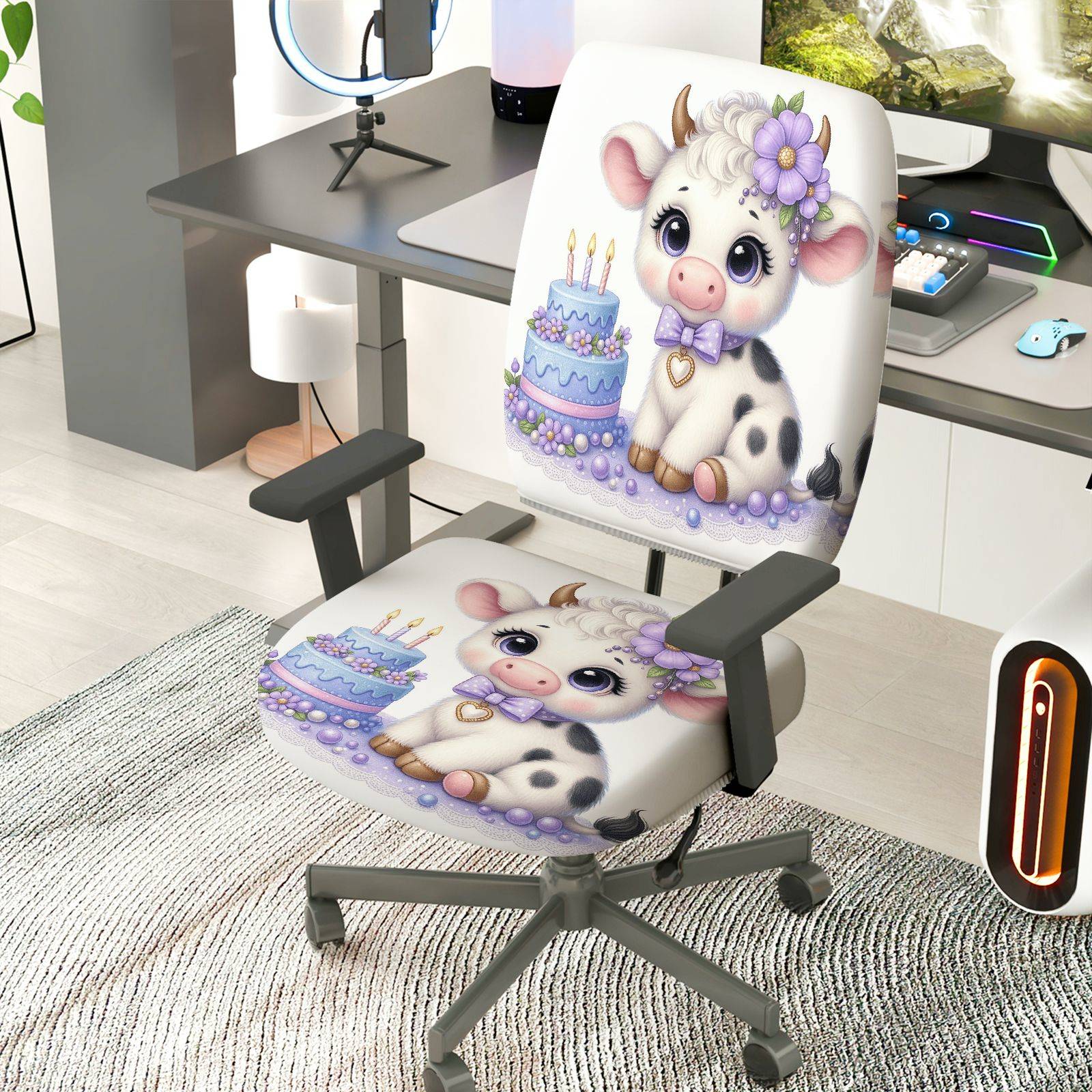 2-Piece Cow Birthday Celebration Cute Decorative  Computer Chair Cover Set, Seat and Backrest