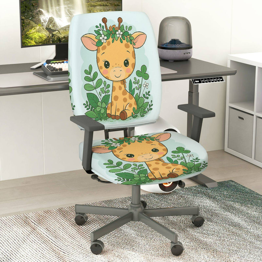2-Piece Cute Giraffe Animal Jungle Pattern Greenery  Computer Chair Cover Set, Seat and Backrest