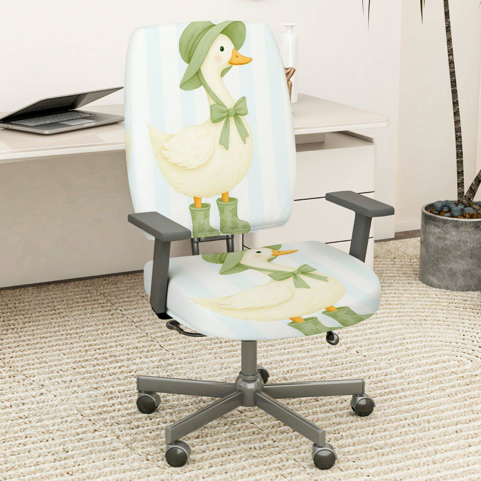 2-Piece Duck Pastel Stripes Cute Animals Cozy  Computer Chair Cover Set, Seat and Backrest