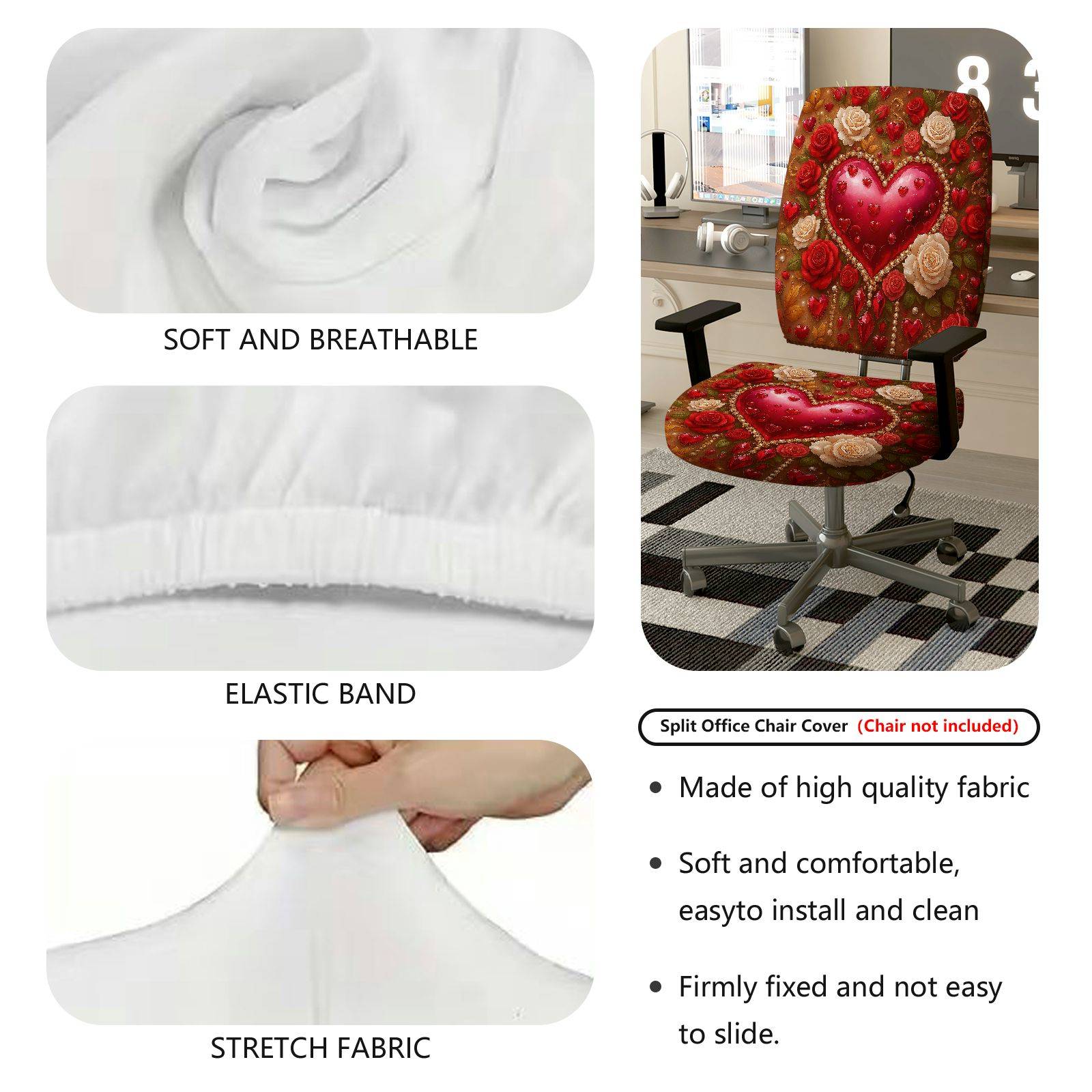 2-Piece Romantic Valentine Heart Love Rose Flower  Computer Chair Cover Set, Seat and Backrest