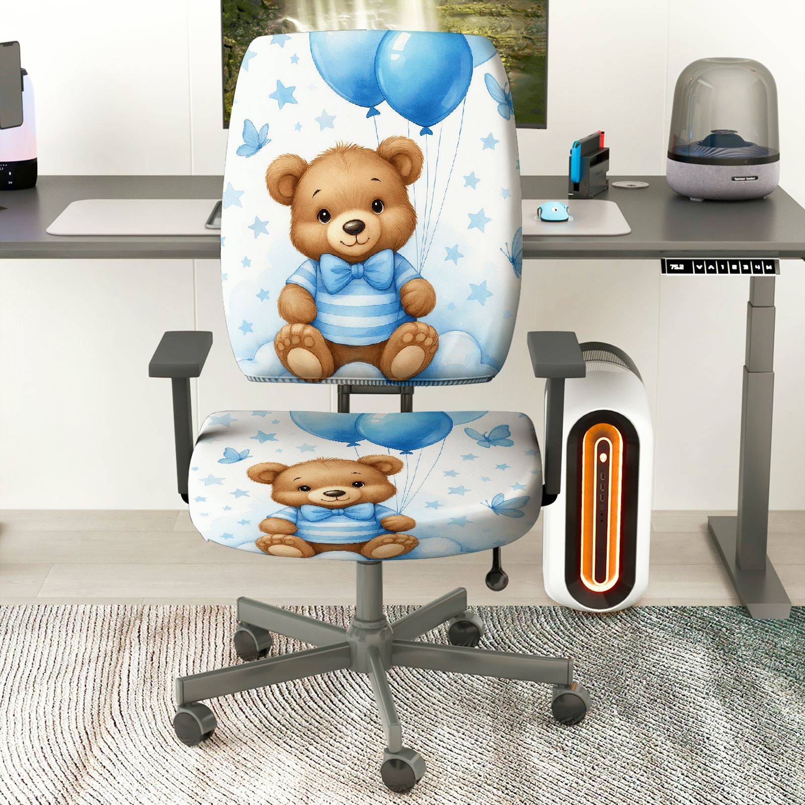 2-Piece Cute Blue Balloon Star Bear  Computer Chair Cover Set, Seat and Backrest