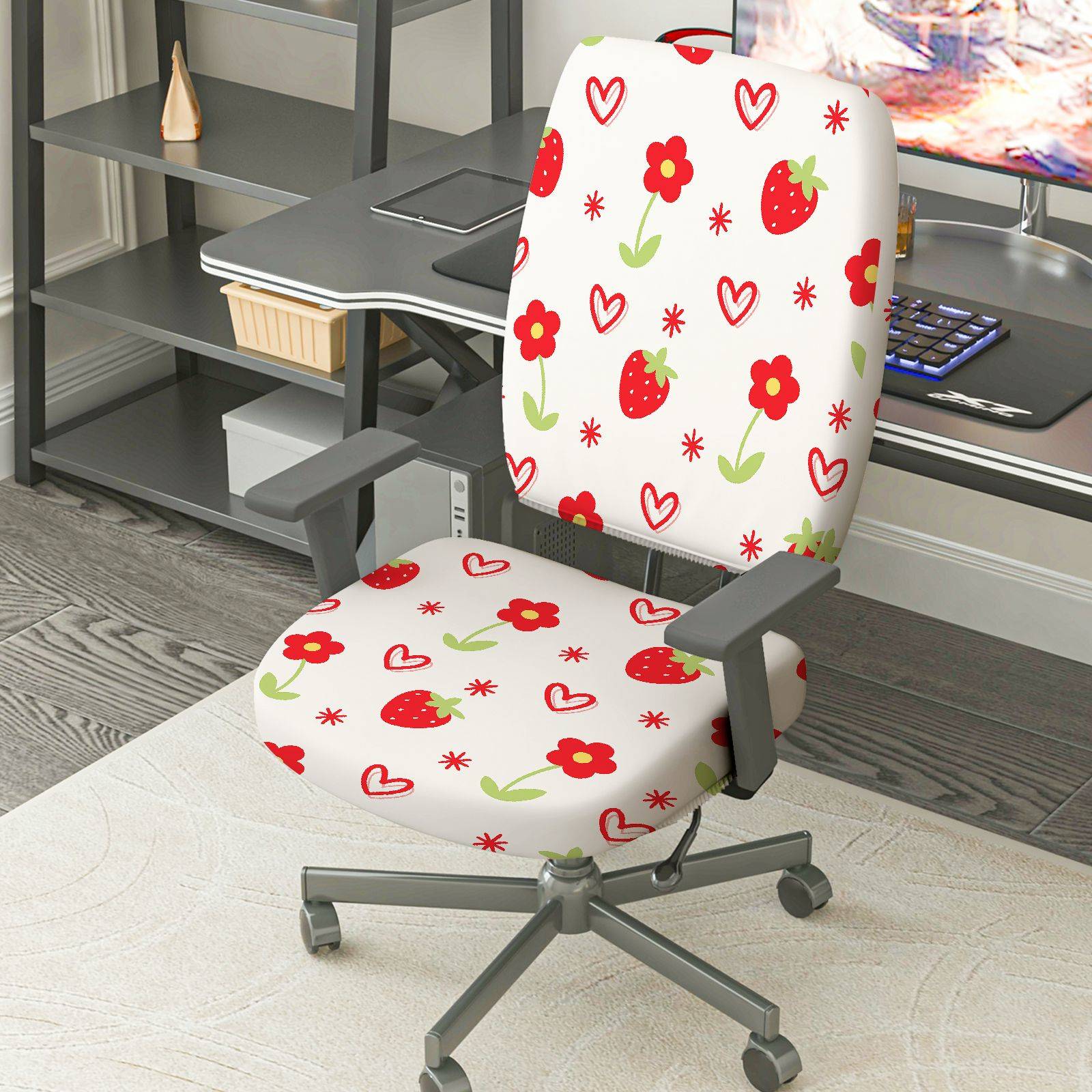2-Piece Strawberry Flower Heart Pattern  Computer Chair Cover Set, Seat and Backrest