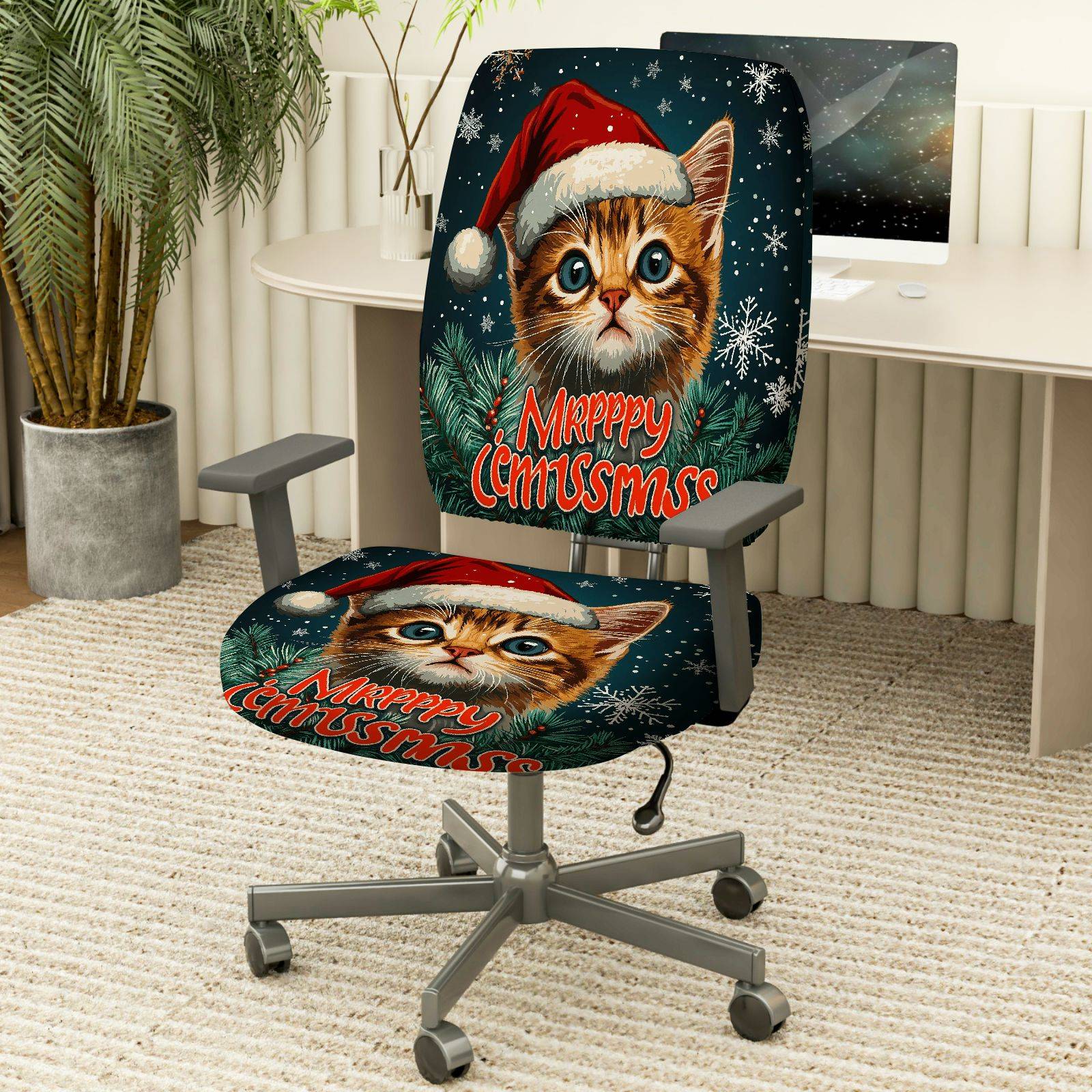 2-Piece Christmas Cat Santa Hat Snow Pine Tree  Computer Chair Cover Set, Seat and Backrest