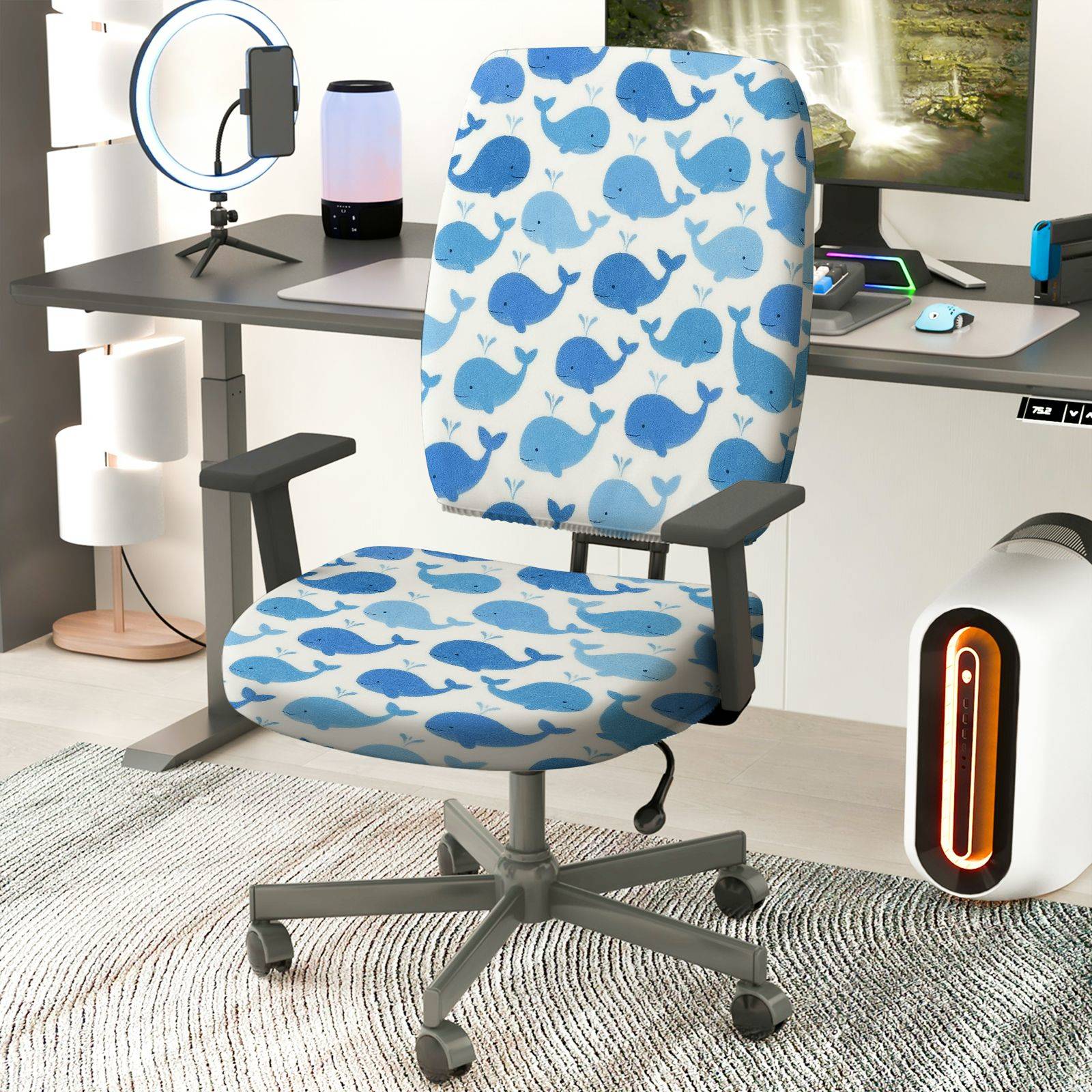 2-Piece Whale Pattern Blue White Fun Cute  Computer Chair Cover Set, Seat and Backrest