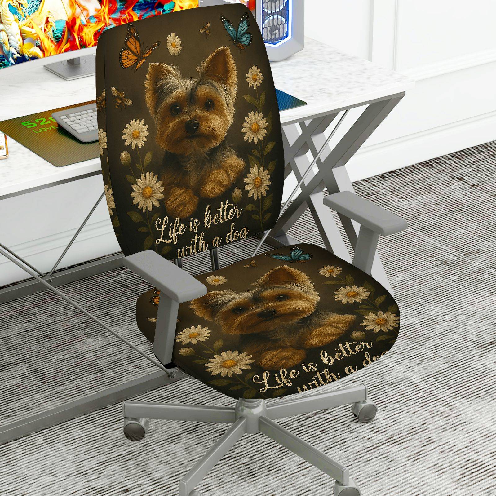 2-Piece Dog Floral Butterfly Phrase  Computer Chair Cover Set, Seat and Backrest