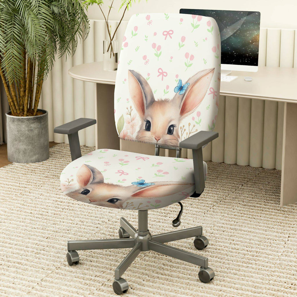 2-Piece Cute Bunny Floral Pattern Spring Easter  Computer Chair Cover Set, Seat and Backrest