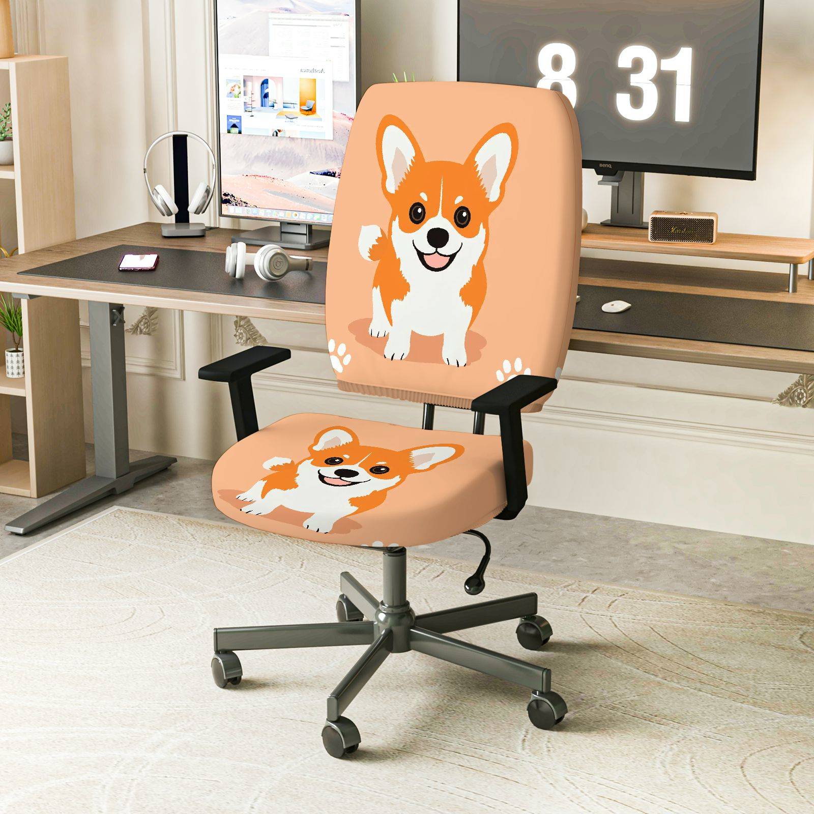 2-Piece Cute Dog Animal Print Fun Decorative Novelty  Computer Chair Cover Set, Seat and Backrest