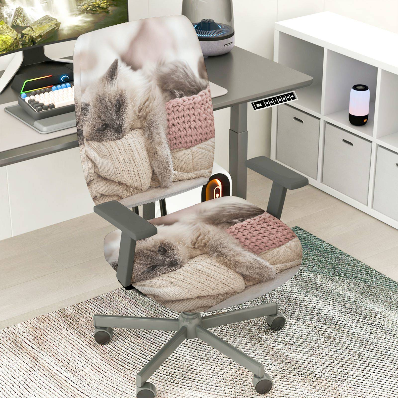2-Piece Cute Cozy Cat Pattern  Computer Chair Cover Set, Seat and Backrest