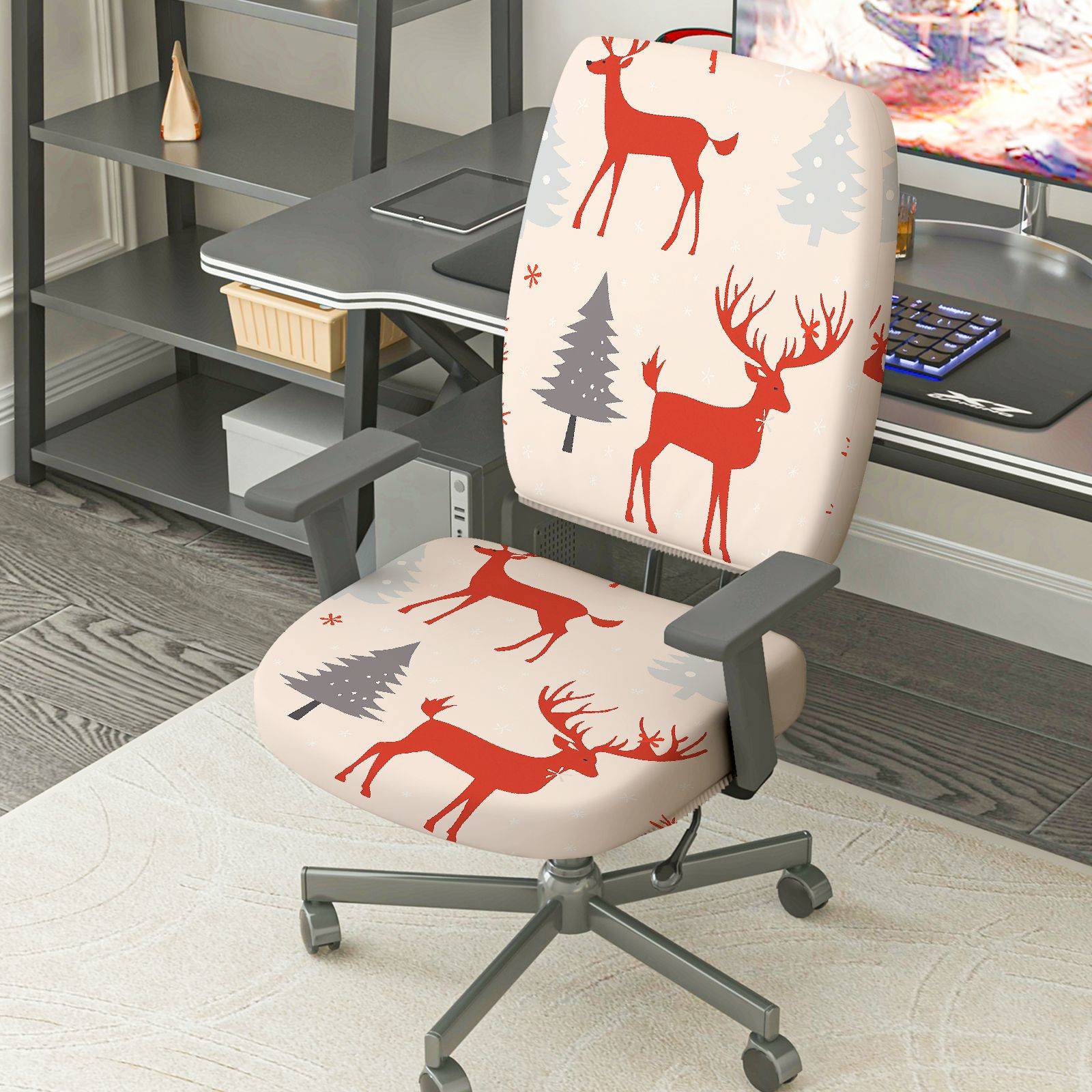 2-Piece Deer Christmas Tree Snowflake Holiday  Computer Chair Cover Set, Seat and Backrest
