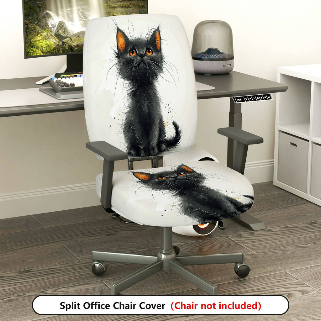 2-Piece Cute Cat Graphic Black Kitten Print Artistic Design  Computer Chair Cover Set, Seat and Backrest