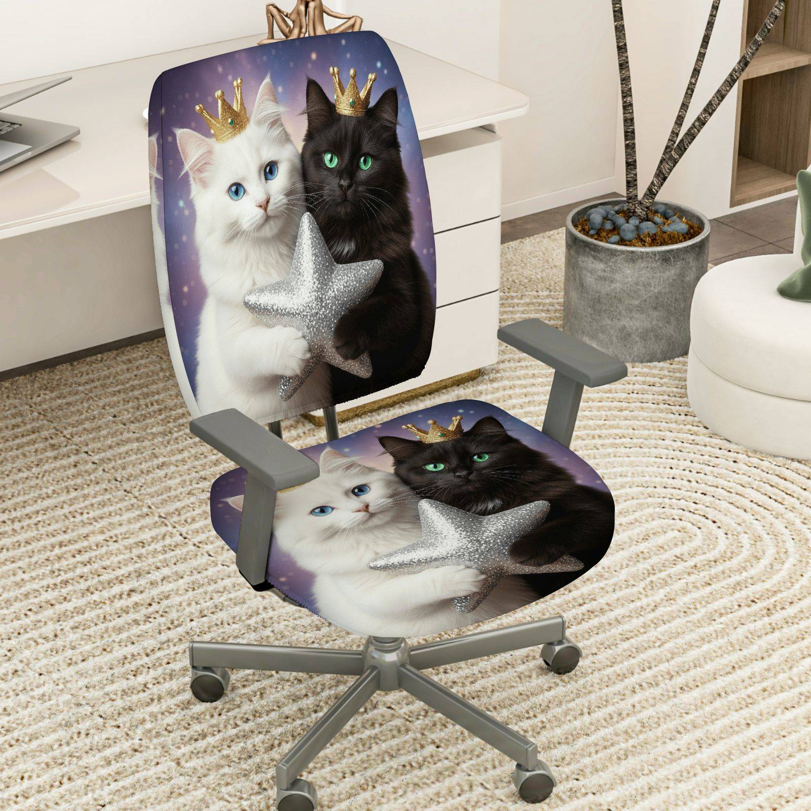2-Piece Cute Cat Star Crown Fantasy  Computer Chair Cover Set, Seat and Backrest
