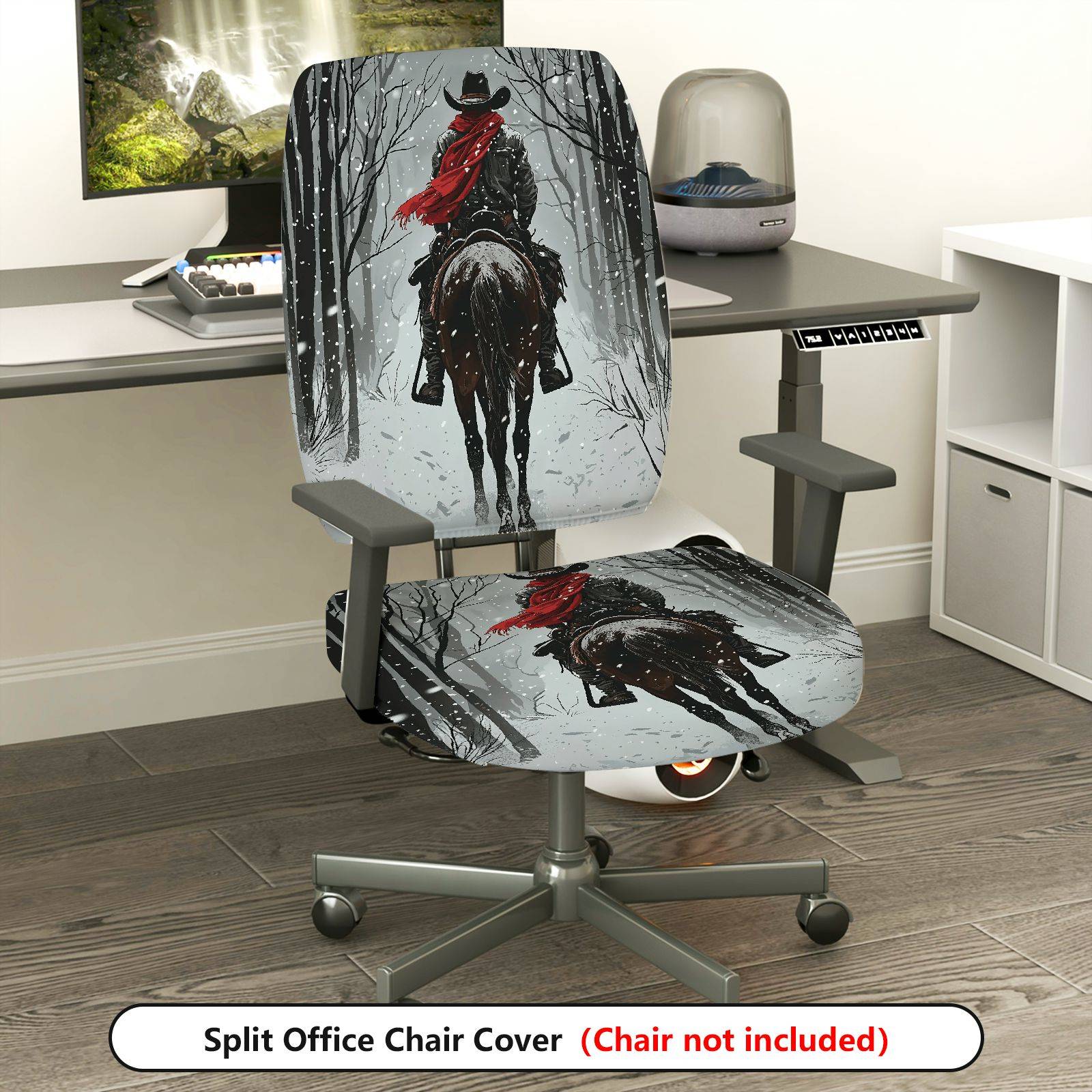 2-Piece Cowboy Snow Forest Red Scarf Winter Christmas  Computer Chair Cover Set, Seat and Backrest