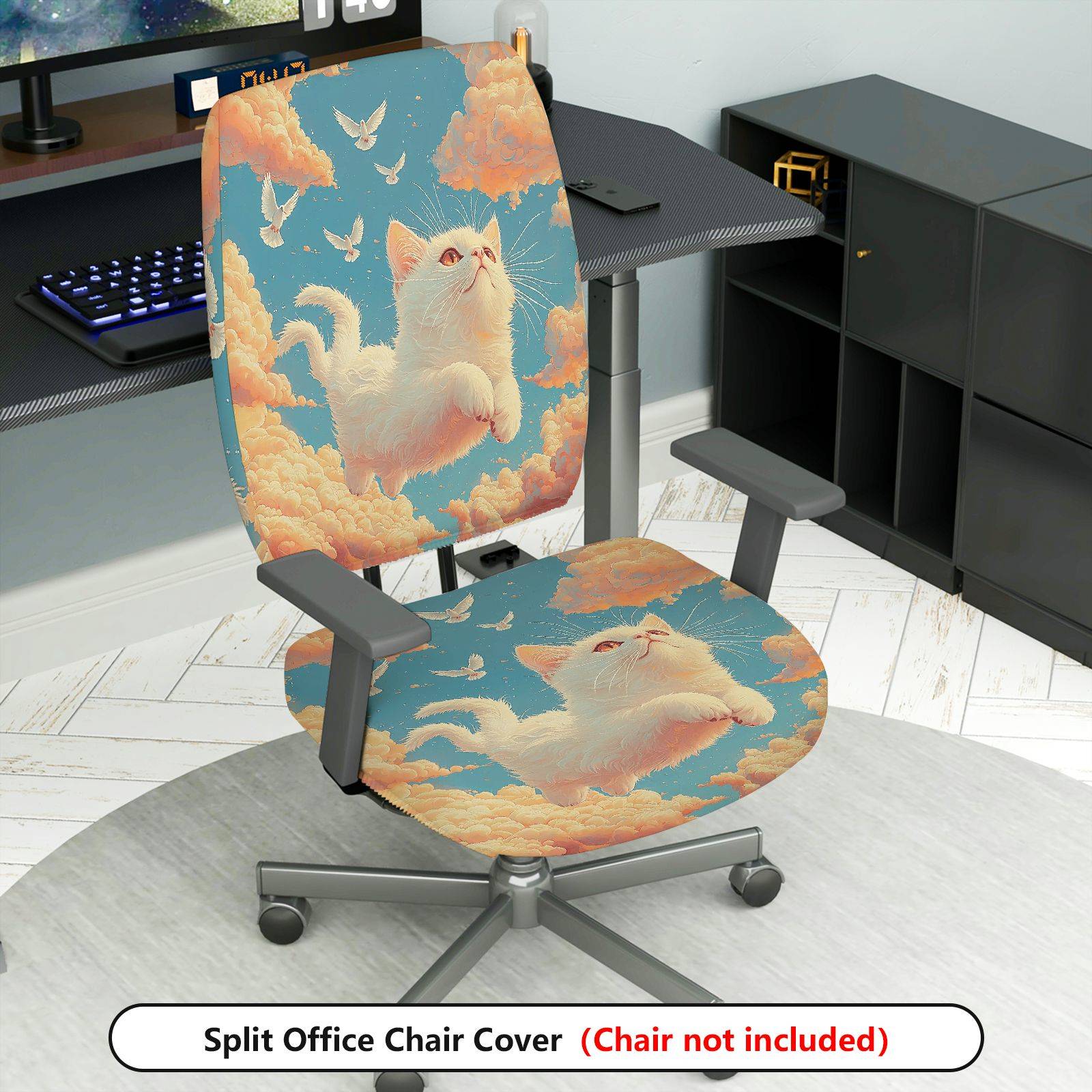 2-Piece Cute Cat Sky Clouds Birds  Computer Chair Cover Set, Seat and Backrest