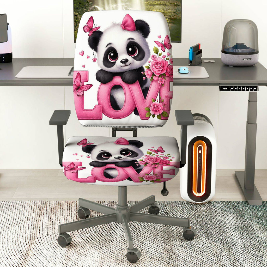 2-Piece Cute Panda Love Pink Floral Butterfly Pattern  Computer Chair Cover Set, Seat and Backrest