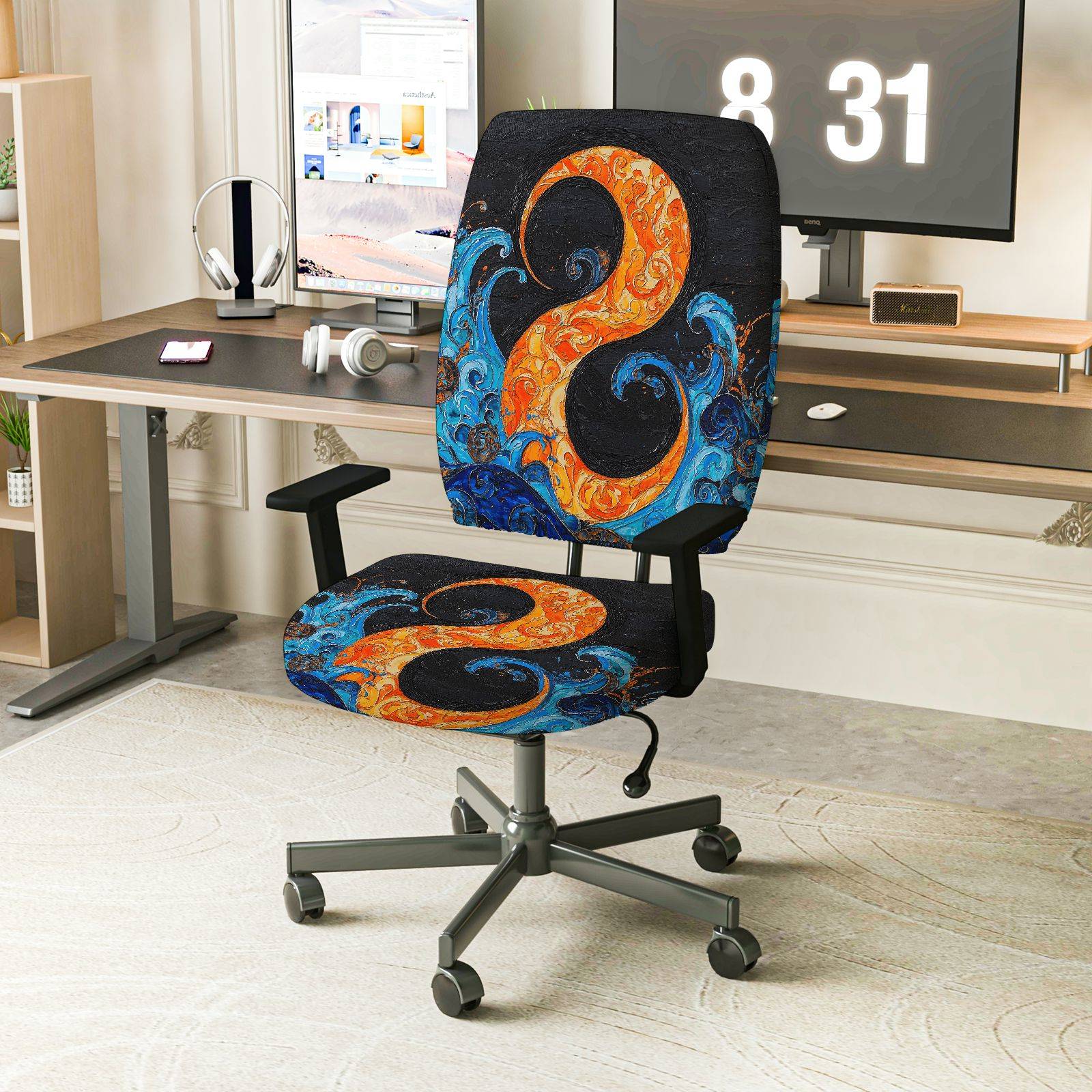 2-Piece Abstract Artistic Vibrant Swirl Water Wave  Computer Chair Cover Set, Seat and Backrest