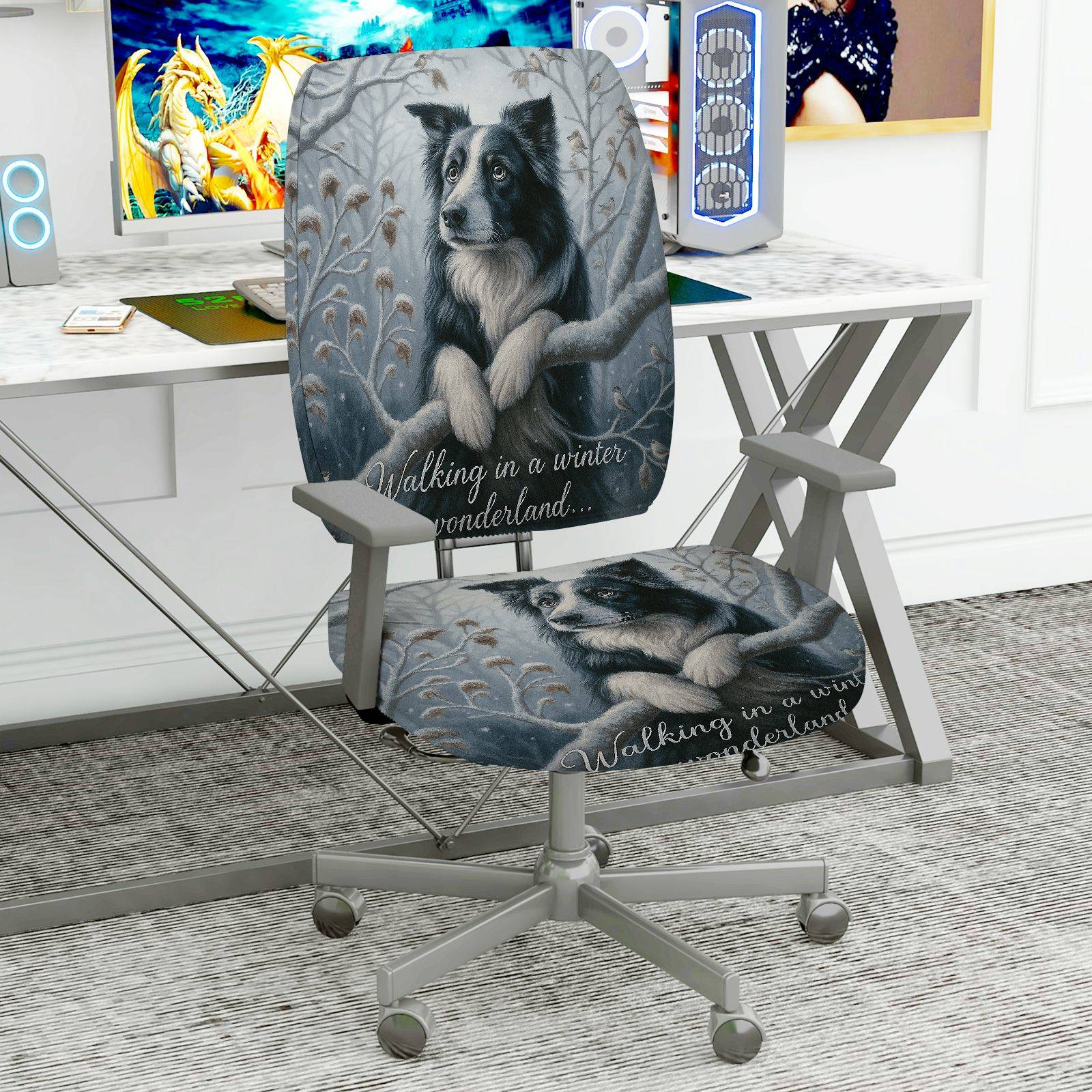 2-Piece Winter Dog Snow Forest Wonderland  Computer Chair Cover Set, Seat and Backrest