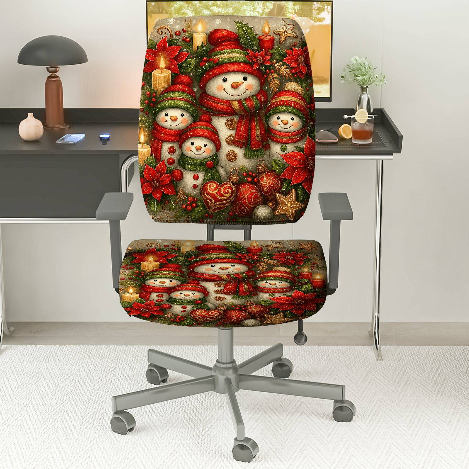 2-Piece Christmas Snowman Poinsettia Holiday Winter  Computer Chair Cover Set, Seat and Backrest