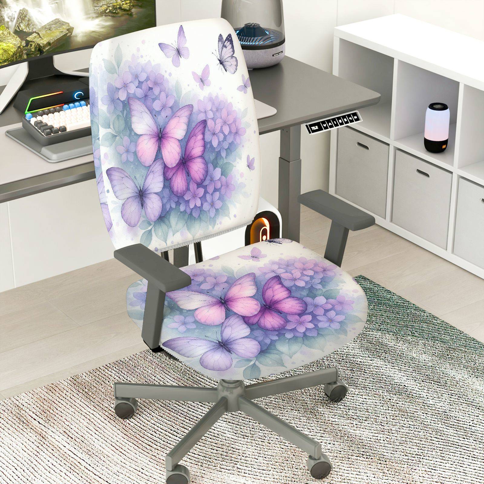 2-Piece Butterfly Floral Pastel Elegant Delicate  Computer Chair Cover Set, Seat and Backrest
