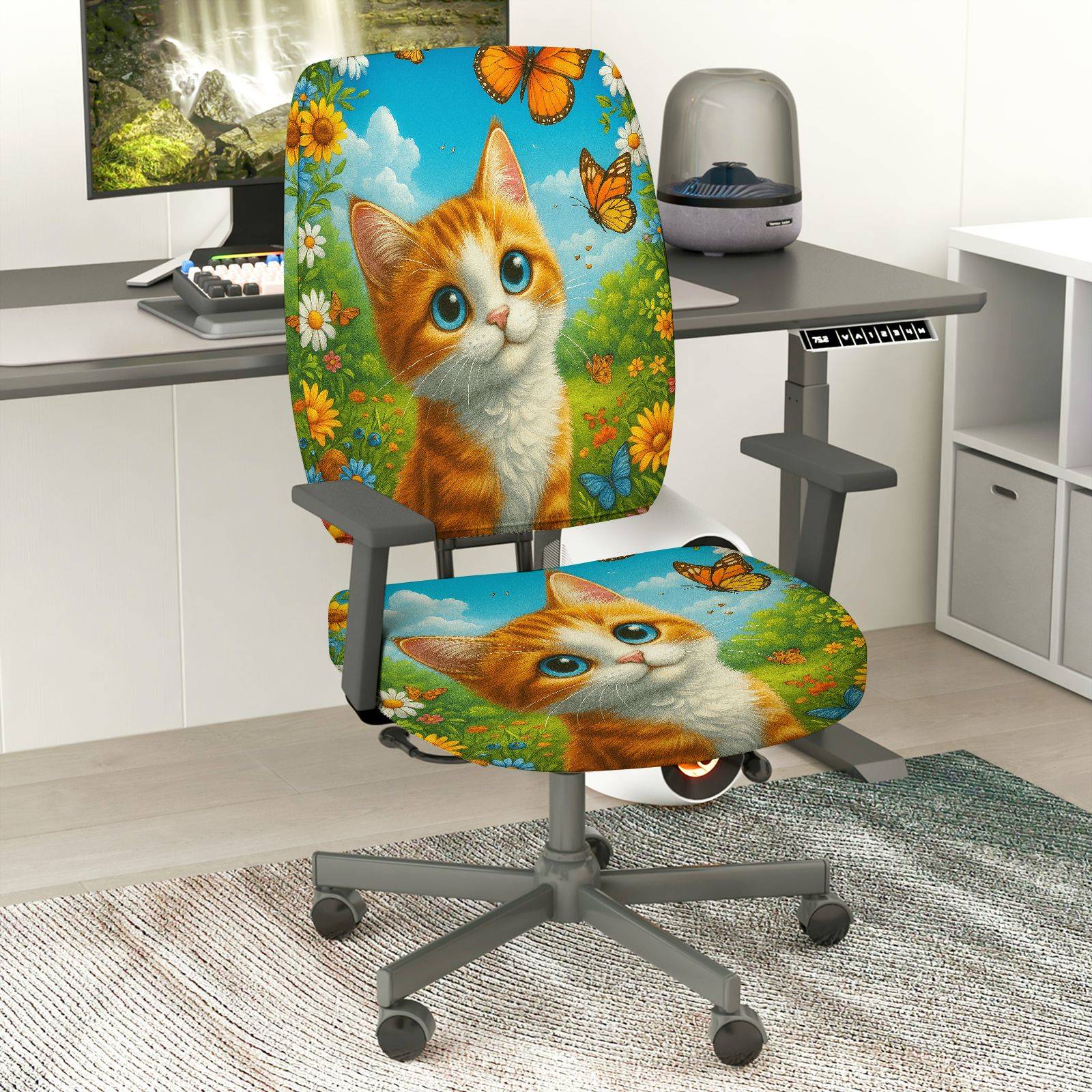 2-Piece Cute Cat Floral Nature Butterfly Colorful  Computer Chair Cover Set, Seat and Backrest