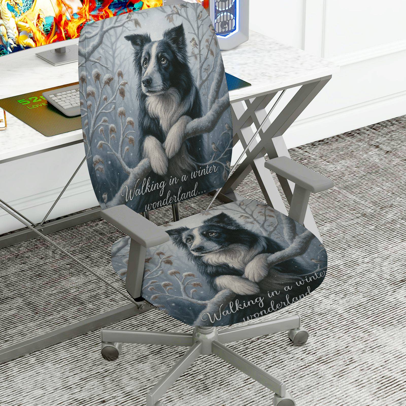 2-Piece Winter Dog Snow Forest Wonderland  Computer Chair Cover Set, Seat and Backrest