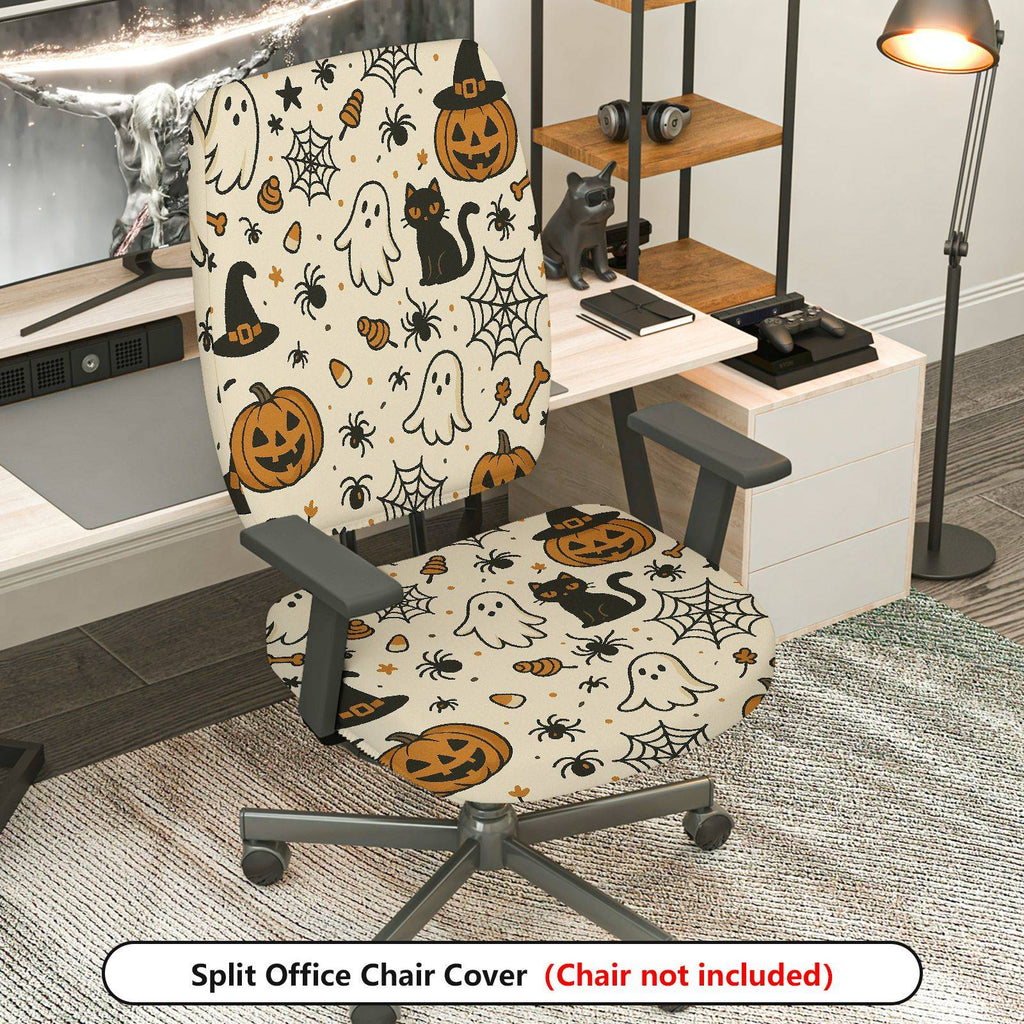 2-Piece Halloween Ghost Pumpkin Cat Spider Web  Computer Chair Cover Set, Seat and Backrest