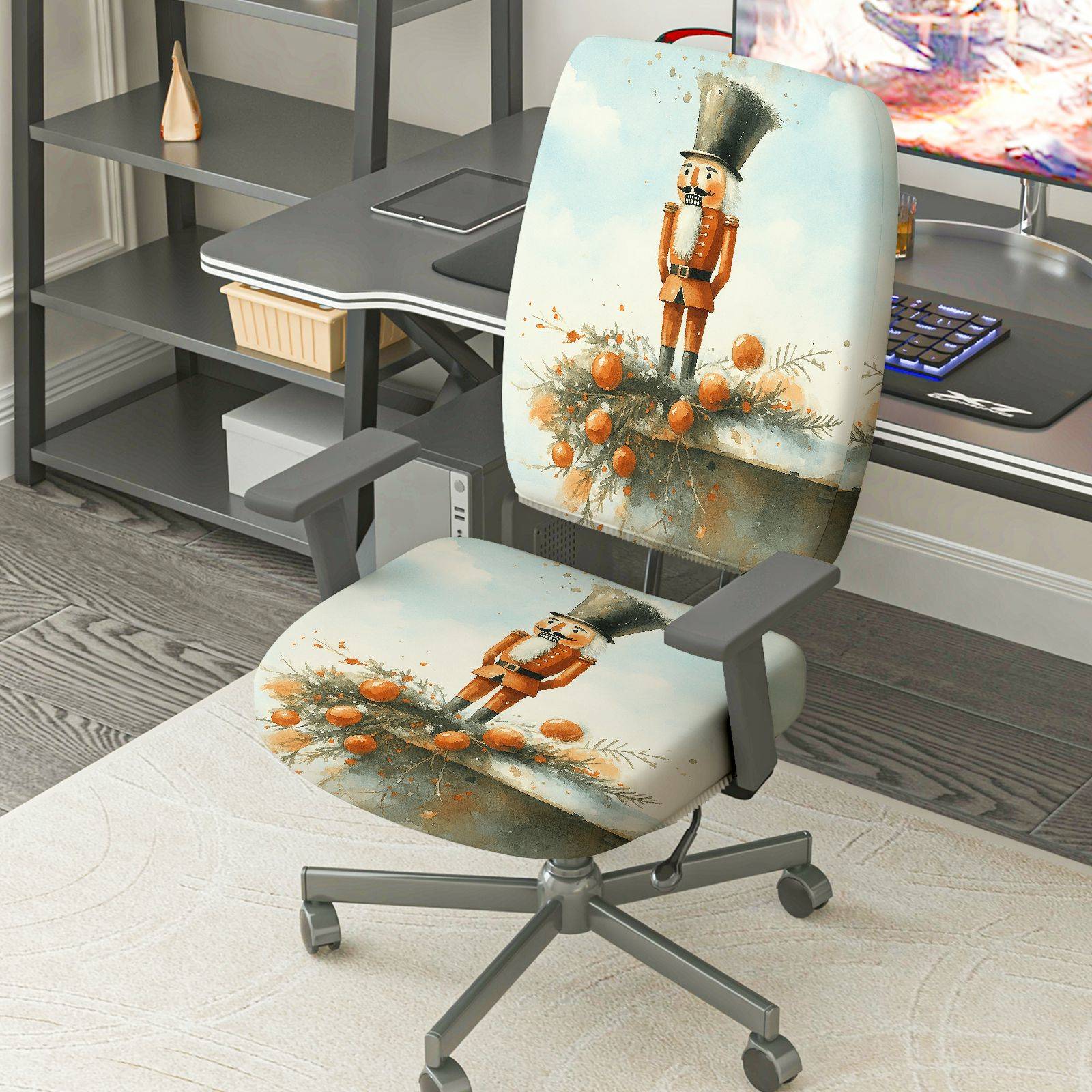 2-Piece Nutcracker Christmas Holiday Festive Decorative  Computer Chair Cover Set, Seat and Backrest