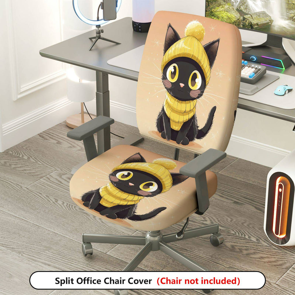 2-Piece Black Cat Cute Cozy Fun Autumn Halloween  Computer Chair Cover Set, Seat and Backrest