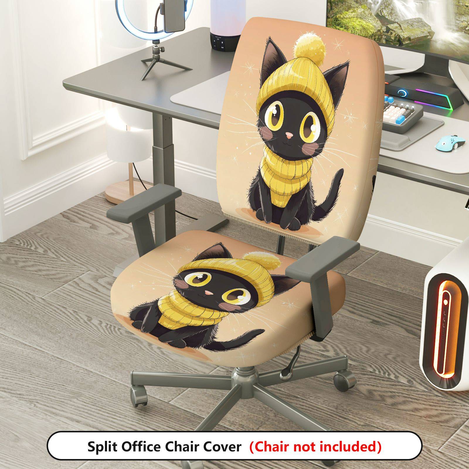 2-Piece Black Cat Cute Cozy Fun Autumn Halloween  Computer Chair Cover Set, Seat and Backrest