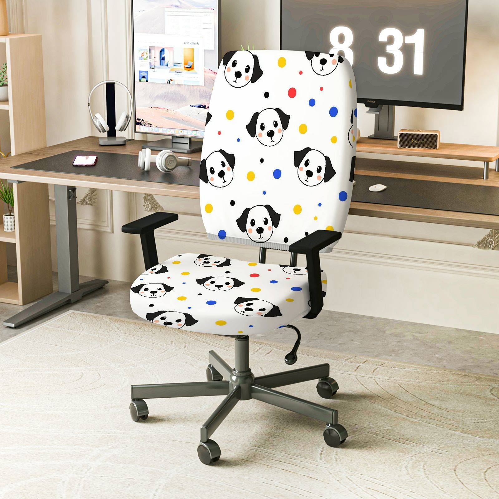 2-Piece Dog Pattern Colorful Dots Cute Fun  Computer Chair Cover Set, Seat and Backrest