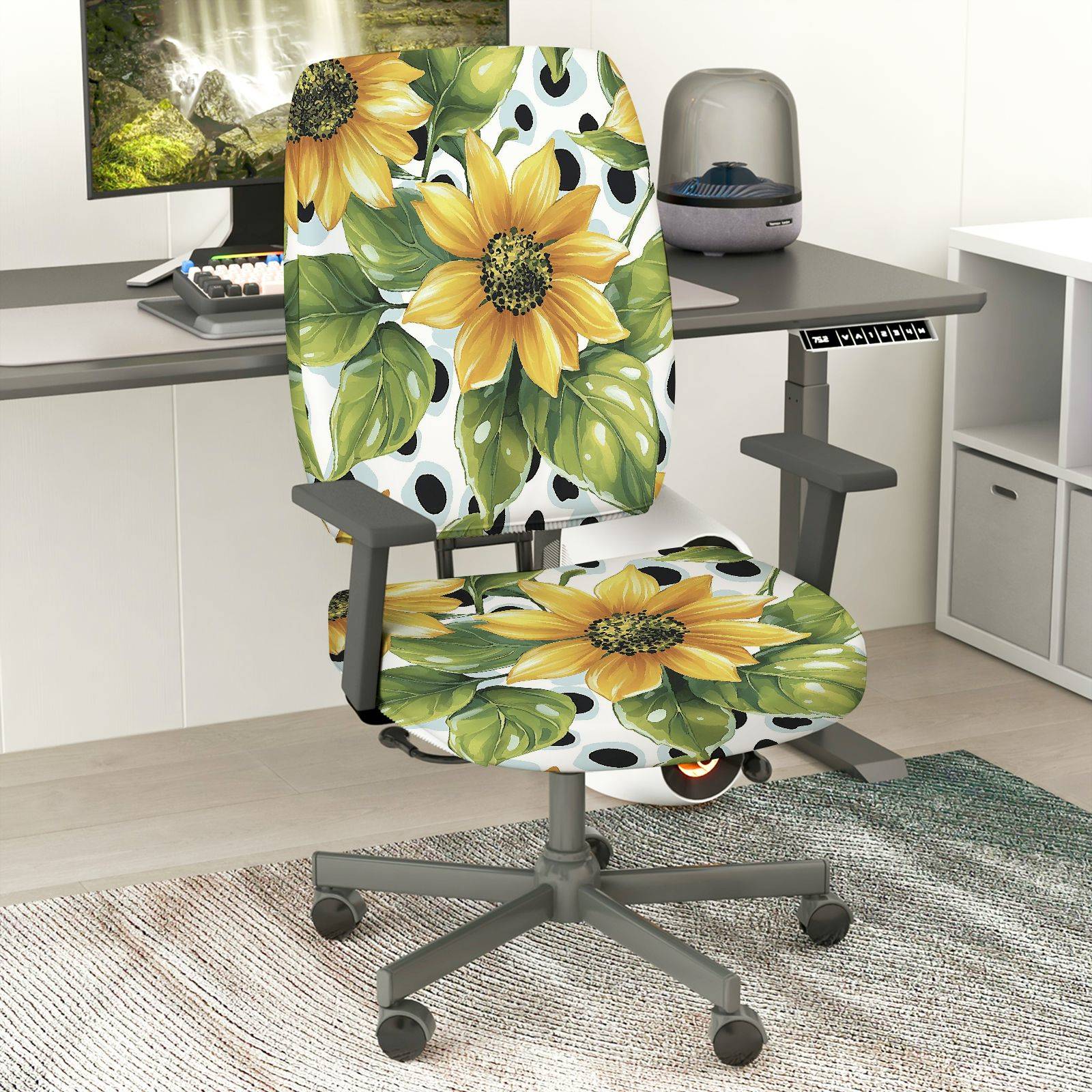 2-Piece Sunflower Green Leaves Dot Floral  Computer Chair Cover Set, Seat and Backrest