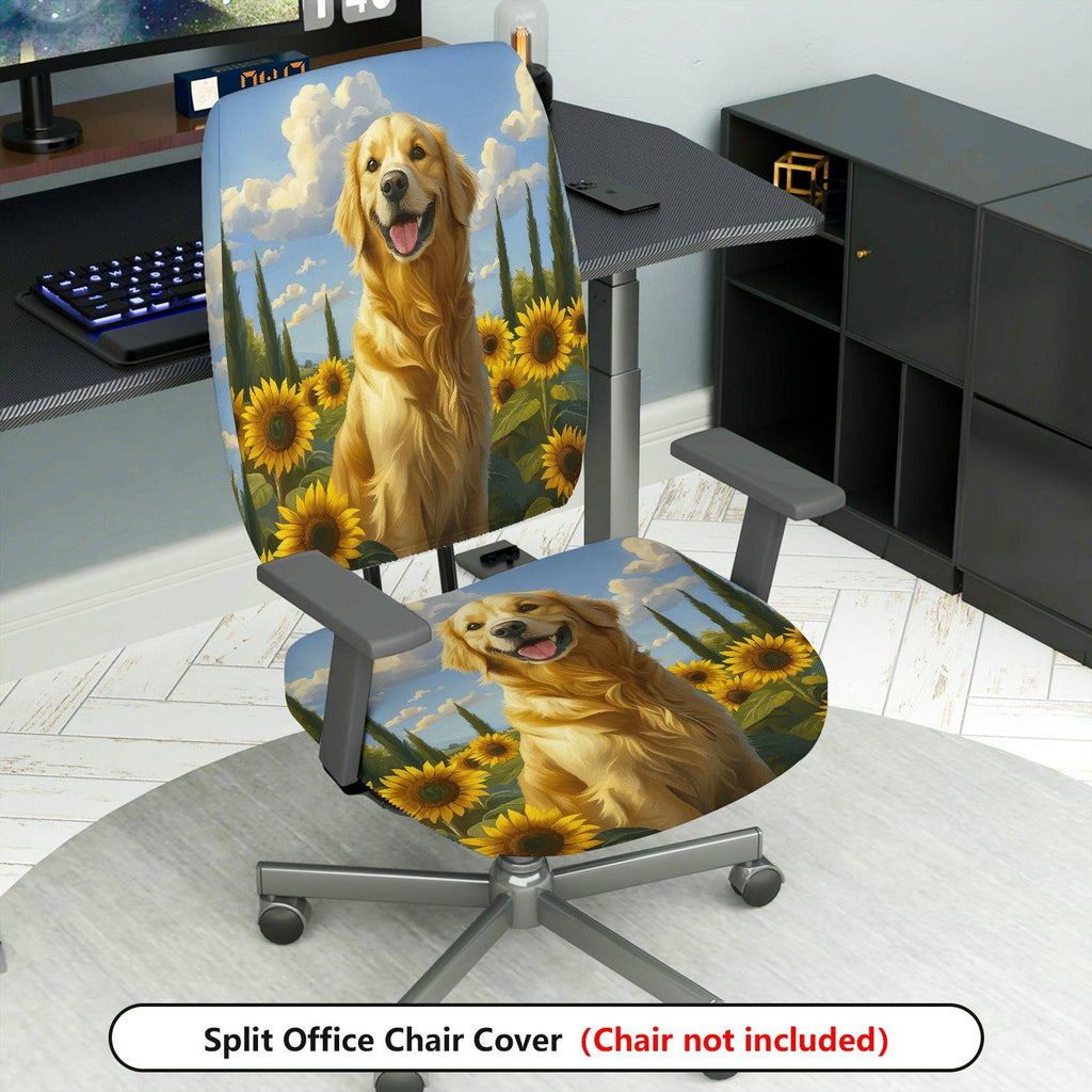 2-Piece Golden Retriever Sunflower Sky Landscape  Computer Chair Cover Set, Seat and Backrest