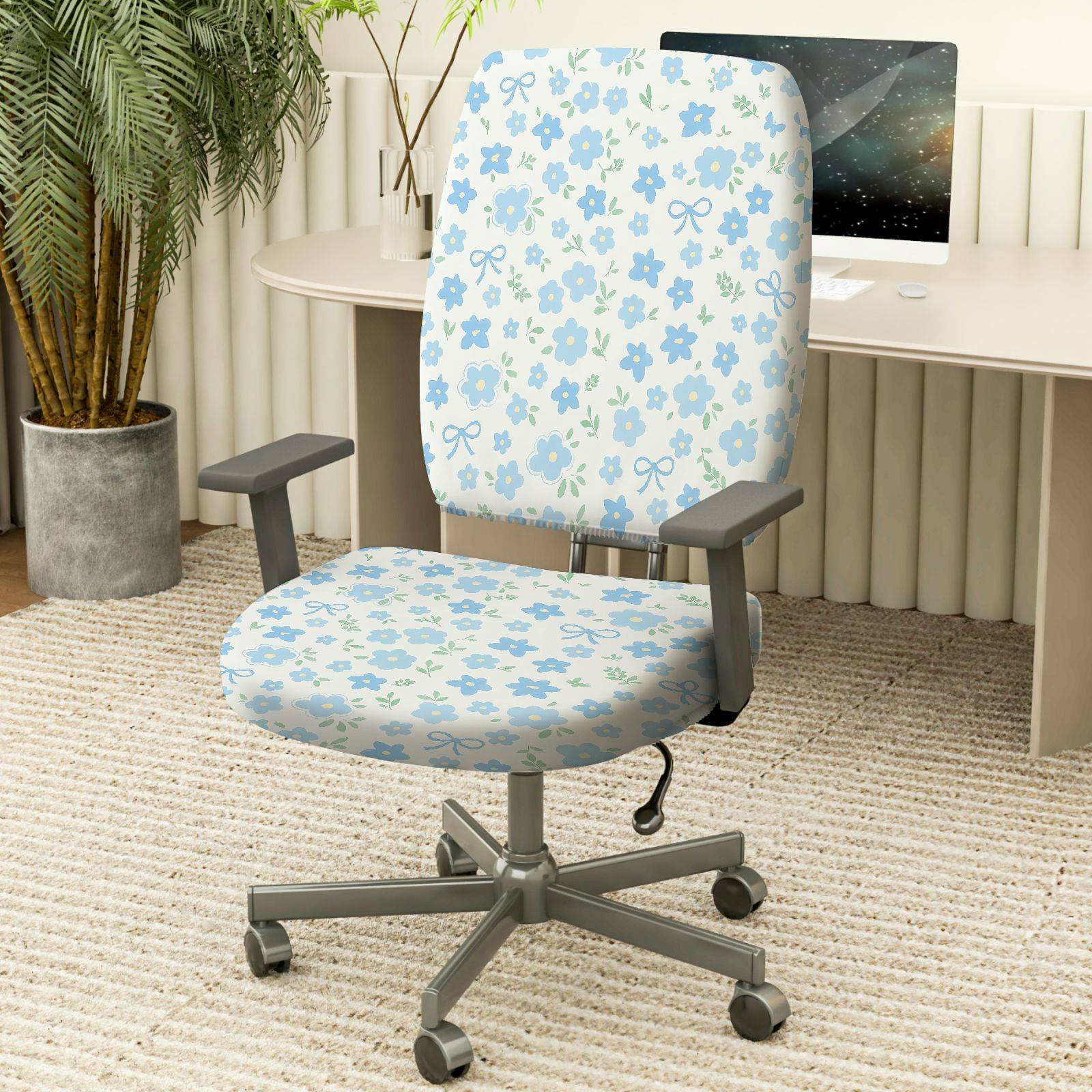 2-Piece Floral Pastel Spring Modern Cute Blue  Computer Chair Cover Set, Seat and Backrest
