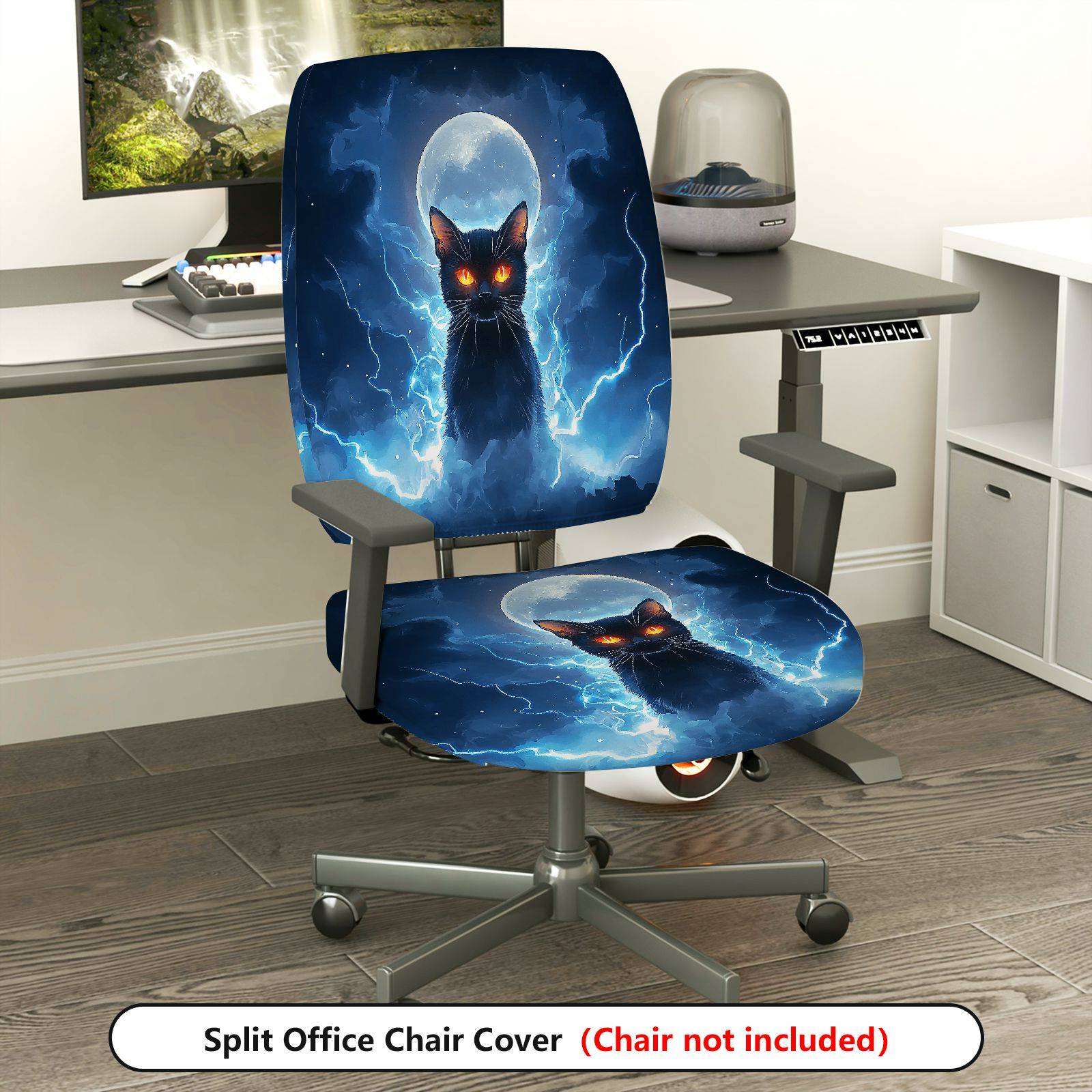 2-Piece Halloween Moon Cat Lightning Sky  Computer Chair Cover Set, Seat and Backrest