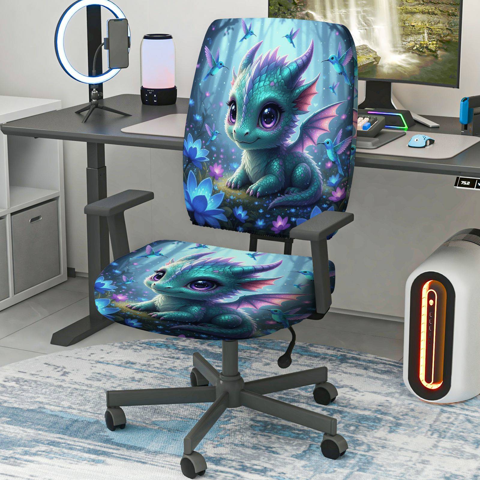 2-Piece Cute Dragon Fantasy Blue Flowers Fairies Magic  Computer Chair Cover Set, Seat and Backrest