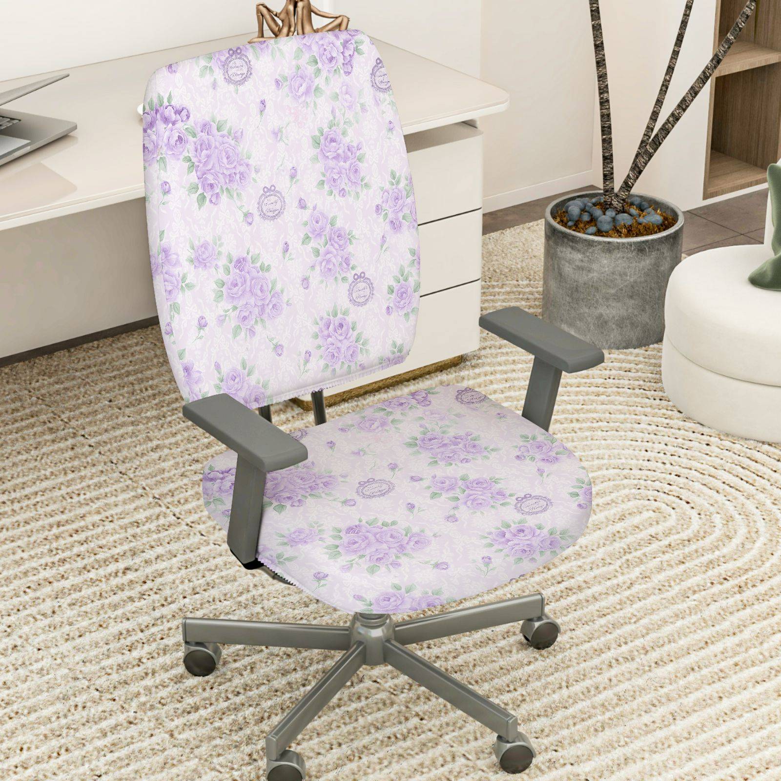 2-Piece Floral Purple Gray Pattern Decorative  Computer Chair Cover Set, Seat and Backrest