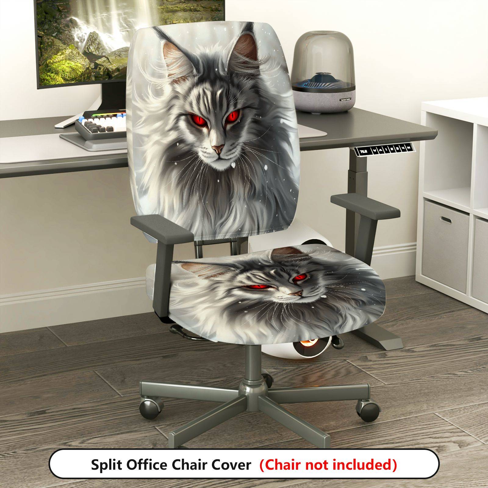 2-Piece Animal Fantasy Red-Eye Cat Unique Design  Computer Chair Cover Set, Seat and Backrest