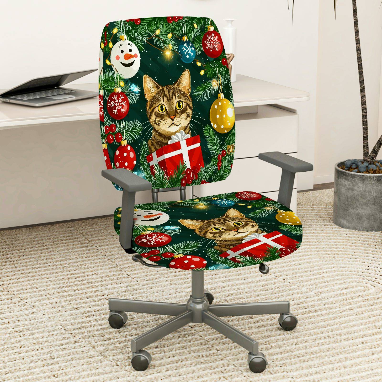 2-Piece Christmas Cat Gift Ornament Tree Festive  Computer Chair Cover Set, Seat and Backrest