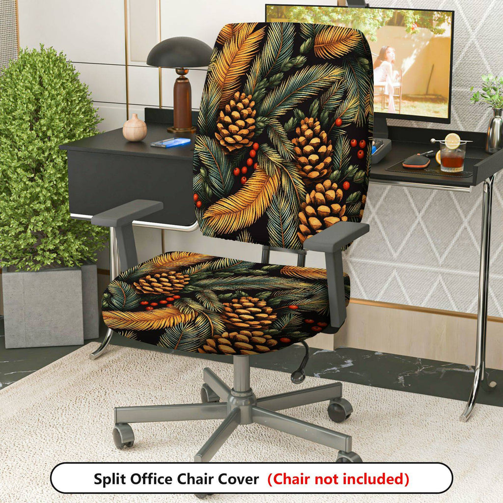 2-Piece Christmas Pinecone Festive Leaf Holiday Seasonal  Computer Chair Cover Set, Seat and Backrest