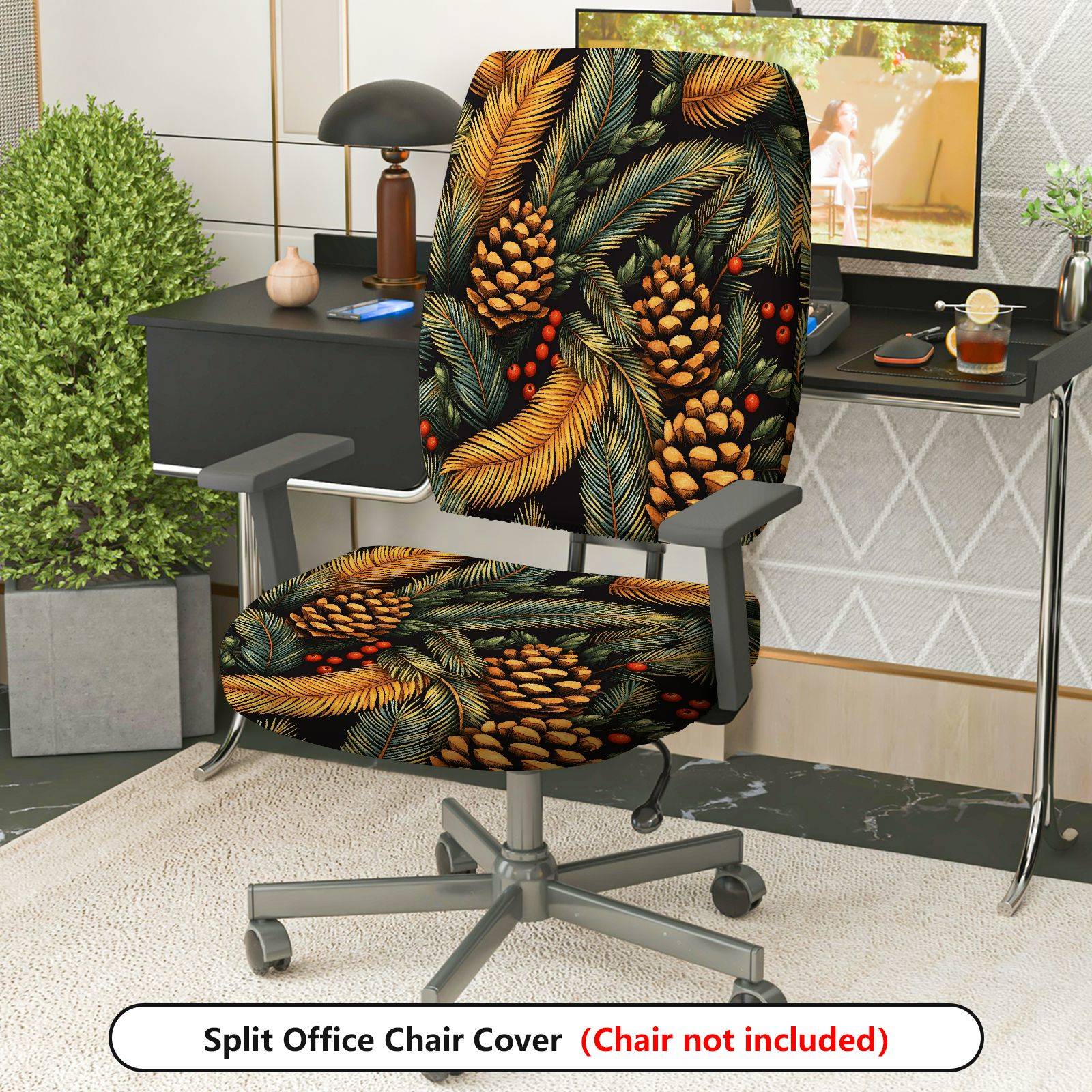 2-Piece Christmas Pinecone Festive Leaf Holiday Seasonal  Computer Chair Cover Set, Seat and Backrest
