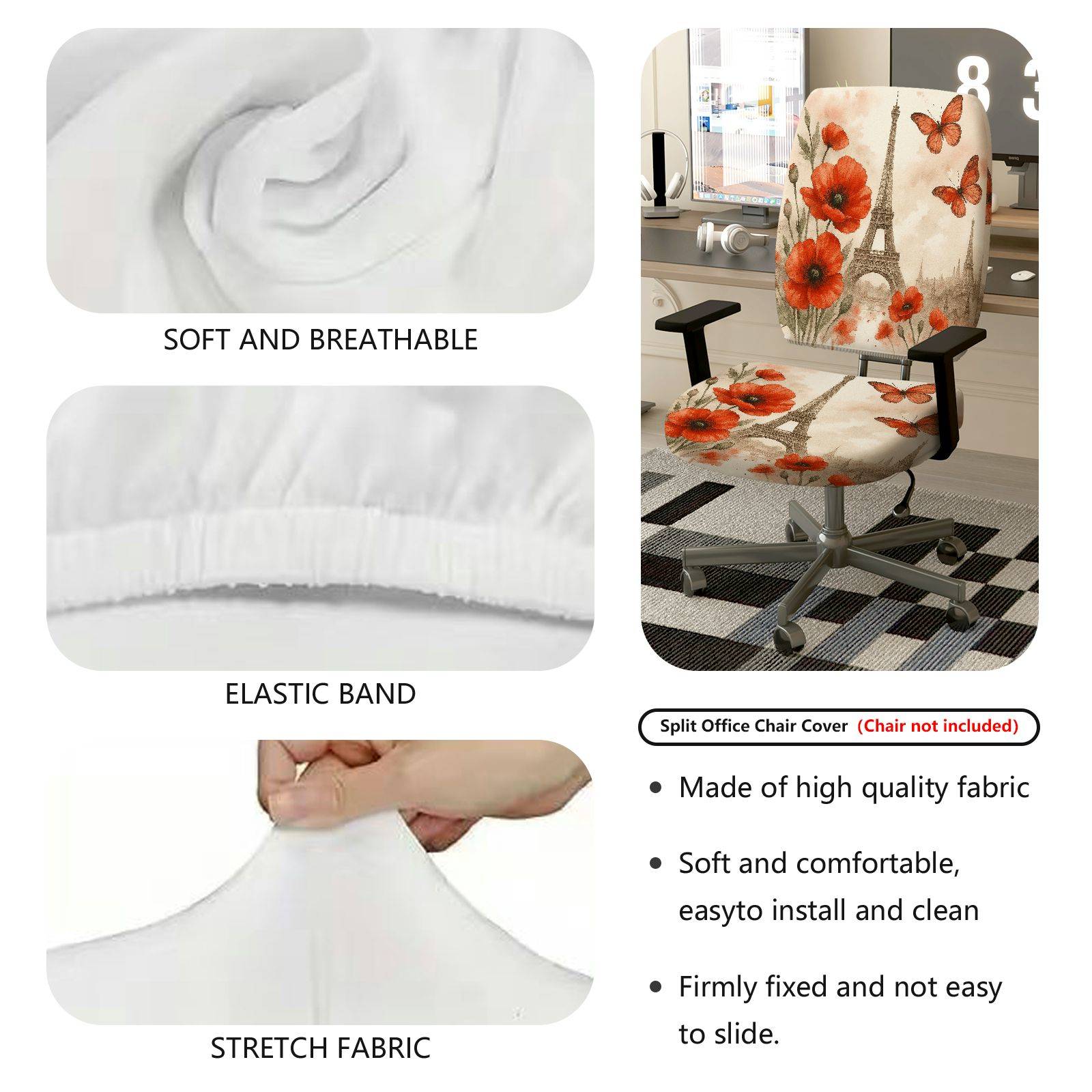 2-Piece Eiffel Tower Butterfly Flower Pattern  Computer Chair Cover Set, Seat and Backrest