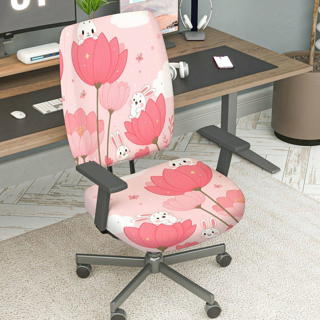 2-Piece Pink Flower Rabbit Cute Spring  Computer Chair Cover Set, Seat and Backrest