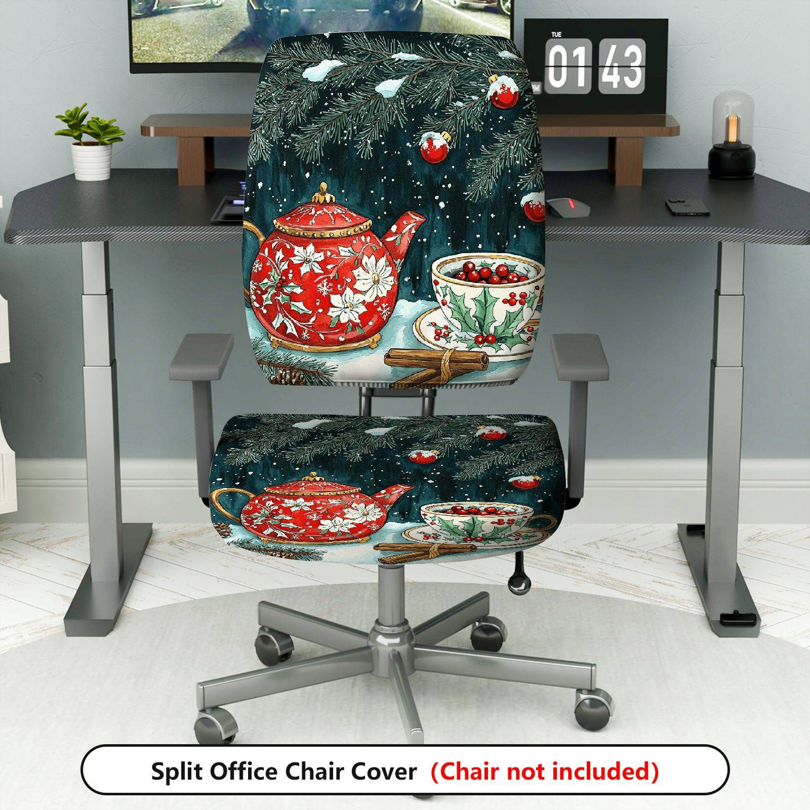 2-Piece Christmas Teapot Holly Berries Snowy Holiday  Computer Chair Cover Set, Seat and Backrest