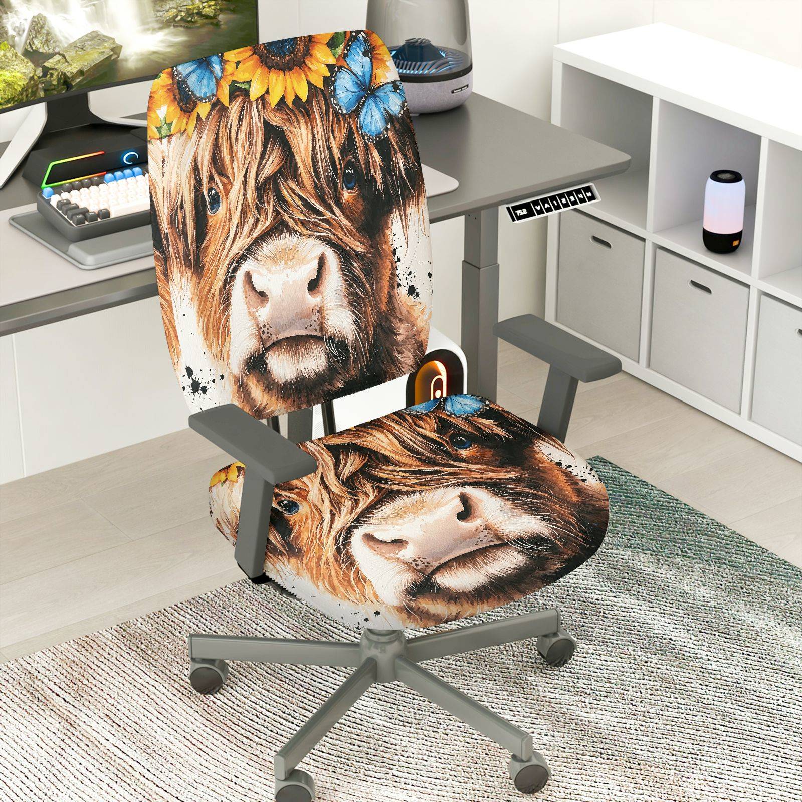 2-Piece Cow Sunflower Butterfly Nature Animal Head  Computer Chair Cover Set, Seat and Backrest
